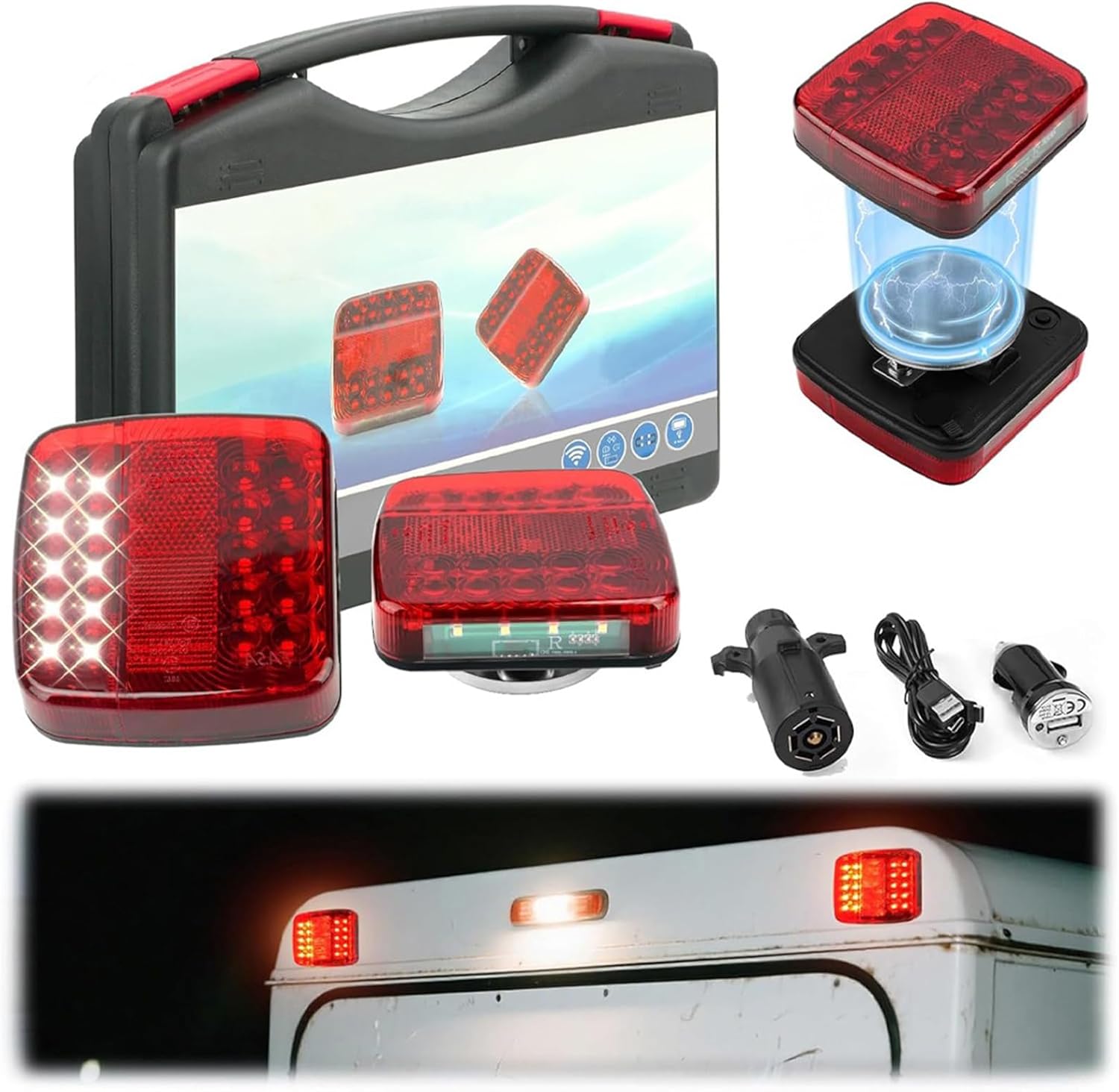 Wireless Trailer Lights Kit - Adjustable Magnetic Trailer Lights, IP67 Waterproof, Rechargeable Towing Tail Light for Trailers, Horse Boxes, Tractors,Boat & Jet Ski Trailers, Bike Racks