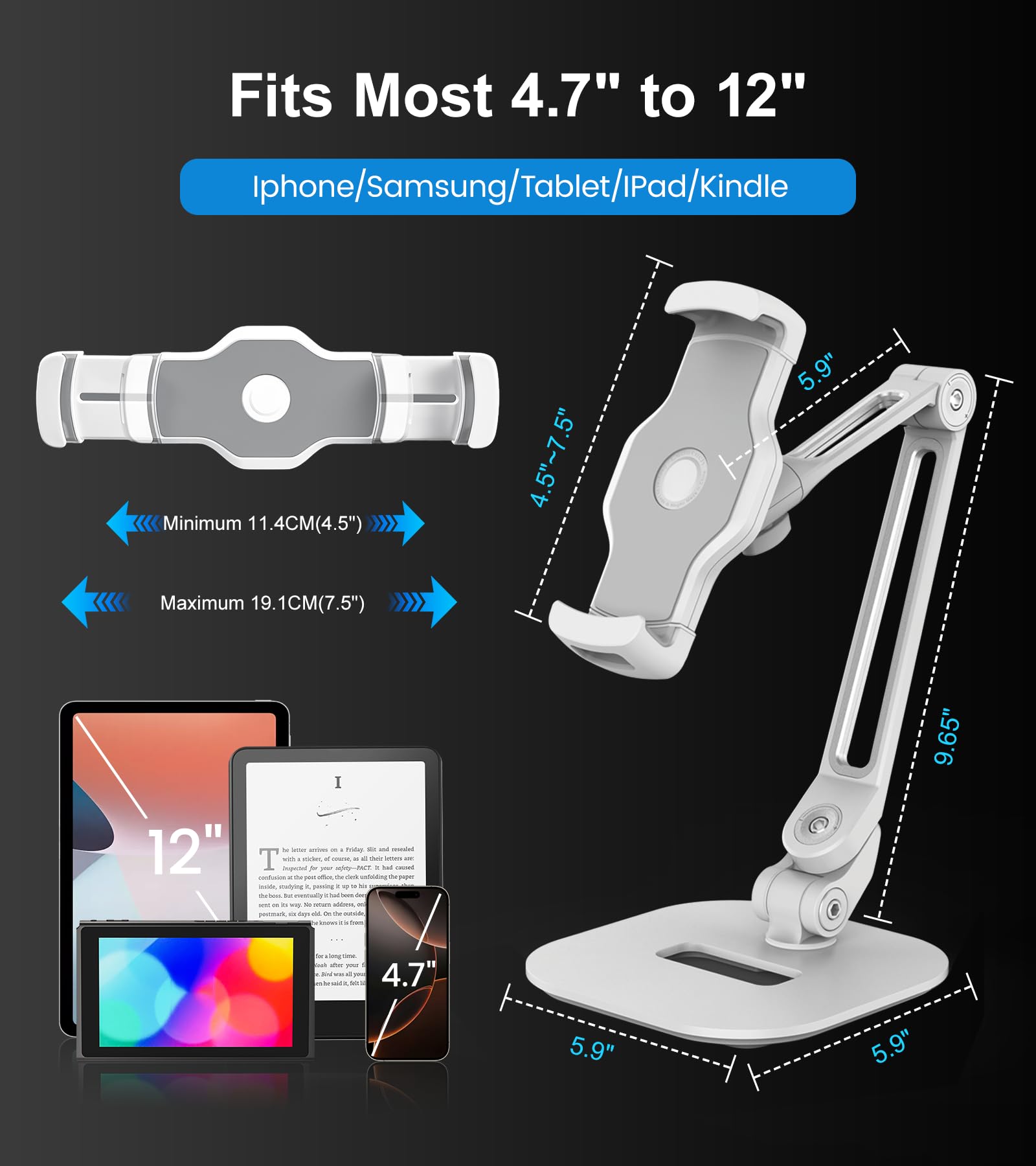 Soporte de aleación de aluminio ajustable para tableta, soporte giratorio de 360° compatible con teléfono/tableta de 4.7 a 12.9 pulgadas, iPad, iPhone, Samsung, Kindle, Switch, soporte de