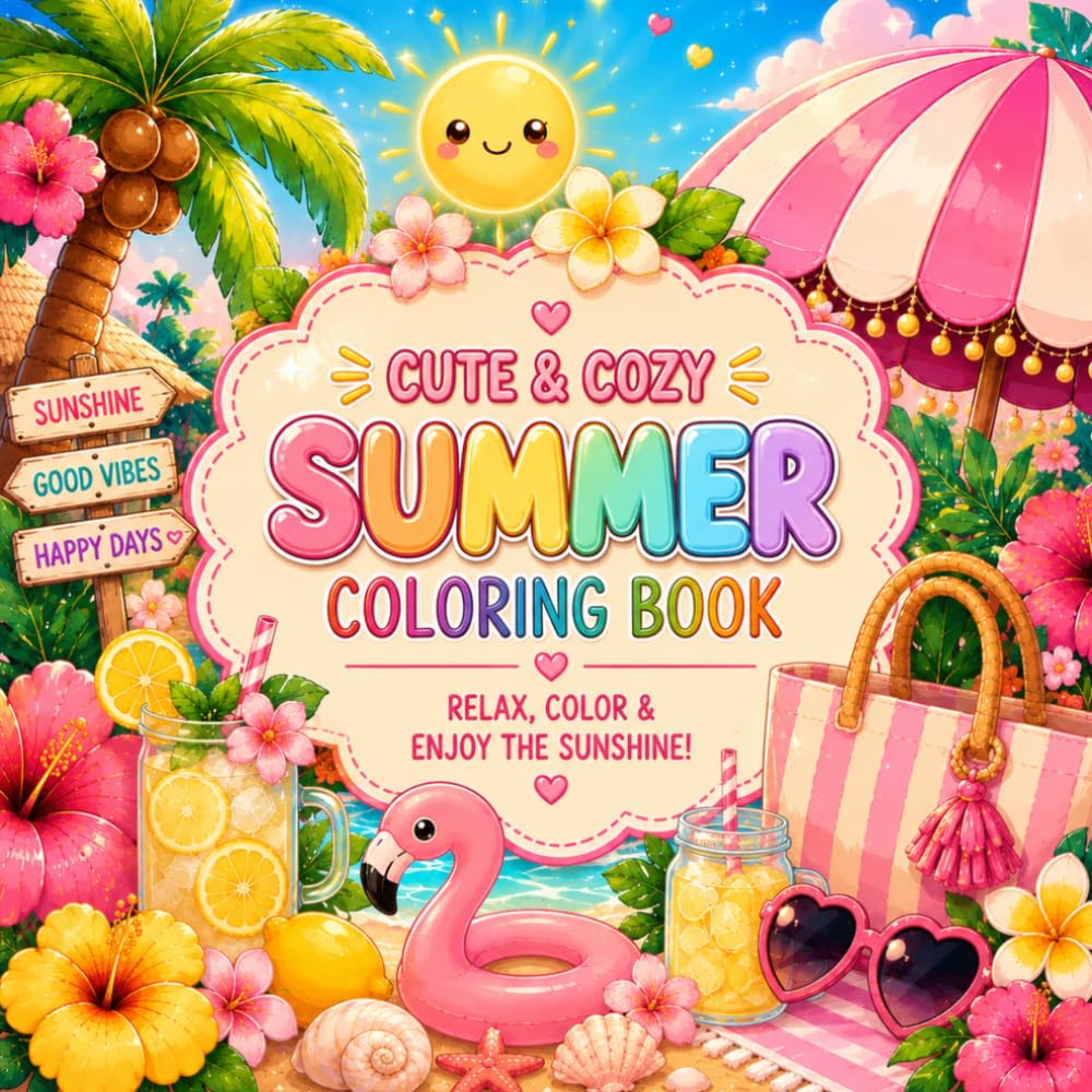 Cute & Cozy Summer Coloring Book: Fun and Relaxing Summer Scenes to Color with Cute Beach Days, Tropical Vibes and Cozy Vacation Moments