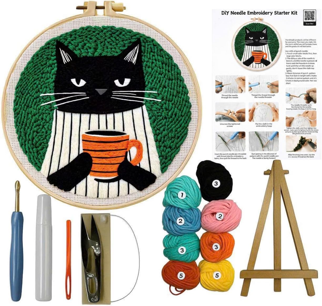 CELCRAFTIQUE Punch Needle Kits for Adults Beginner, Tool with Punch Needle Fabric, Hoops, Yarns and Sewing Needles (Coffee Cat)