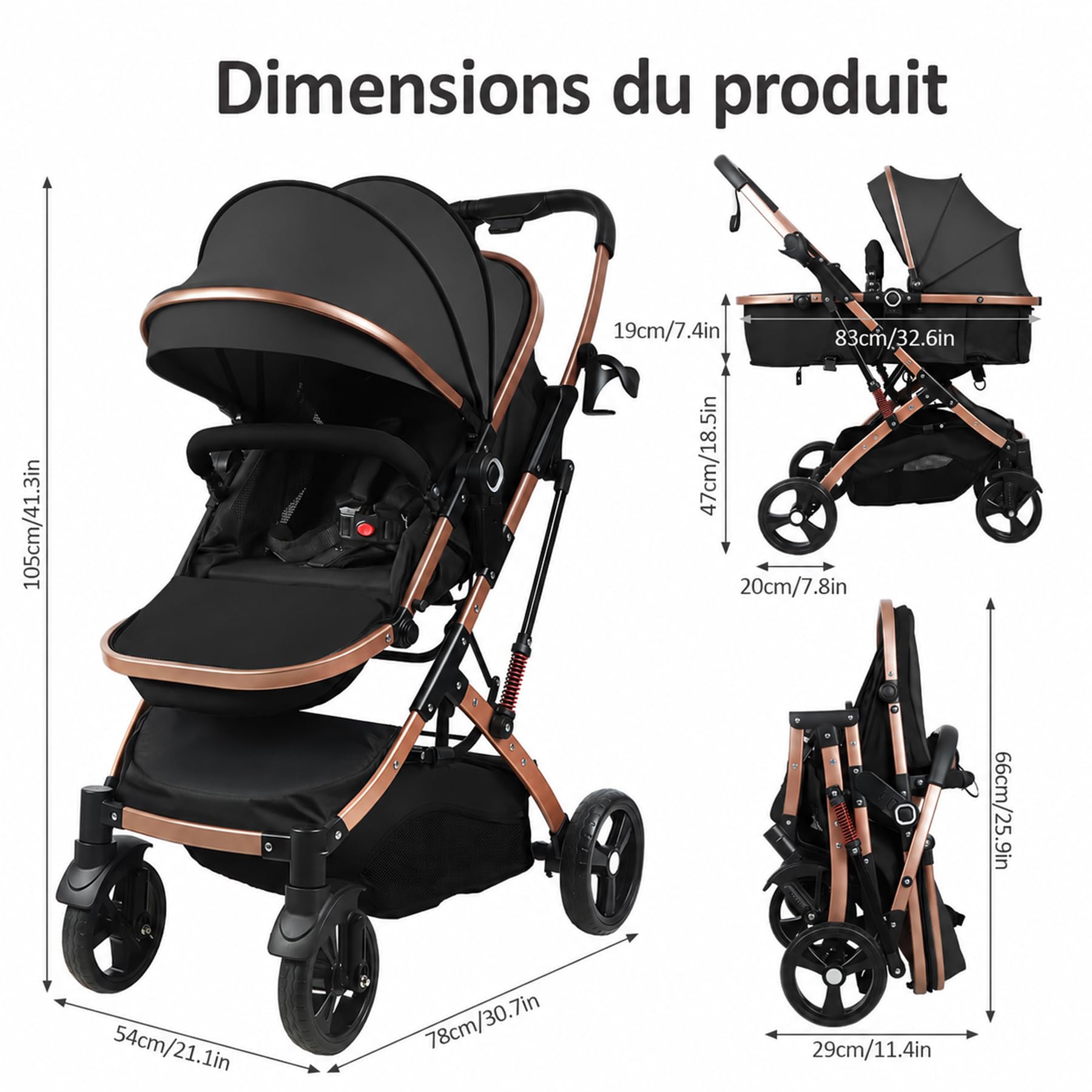 Poussette Bébé 2 en 1 Convertible, Naissance avec Mode Nacelle, Siège Réversible, Capote UPF Anti-UV, Suspension Antichoc, Harnais 5 Points, Voyage Pliable, Nouveau-né à Tout-Petit