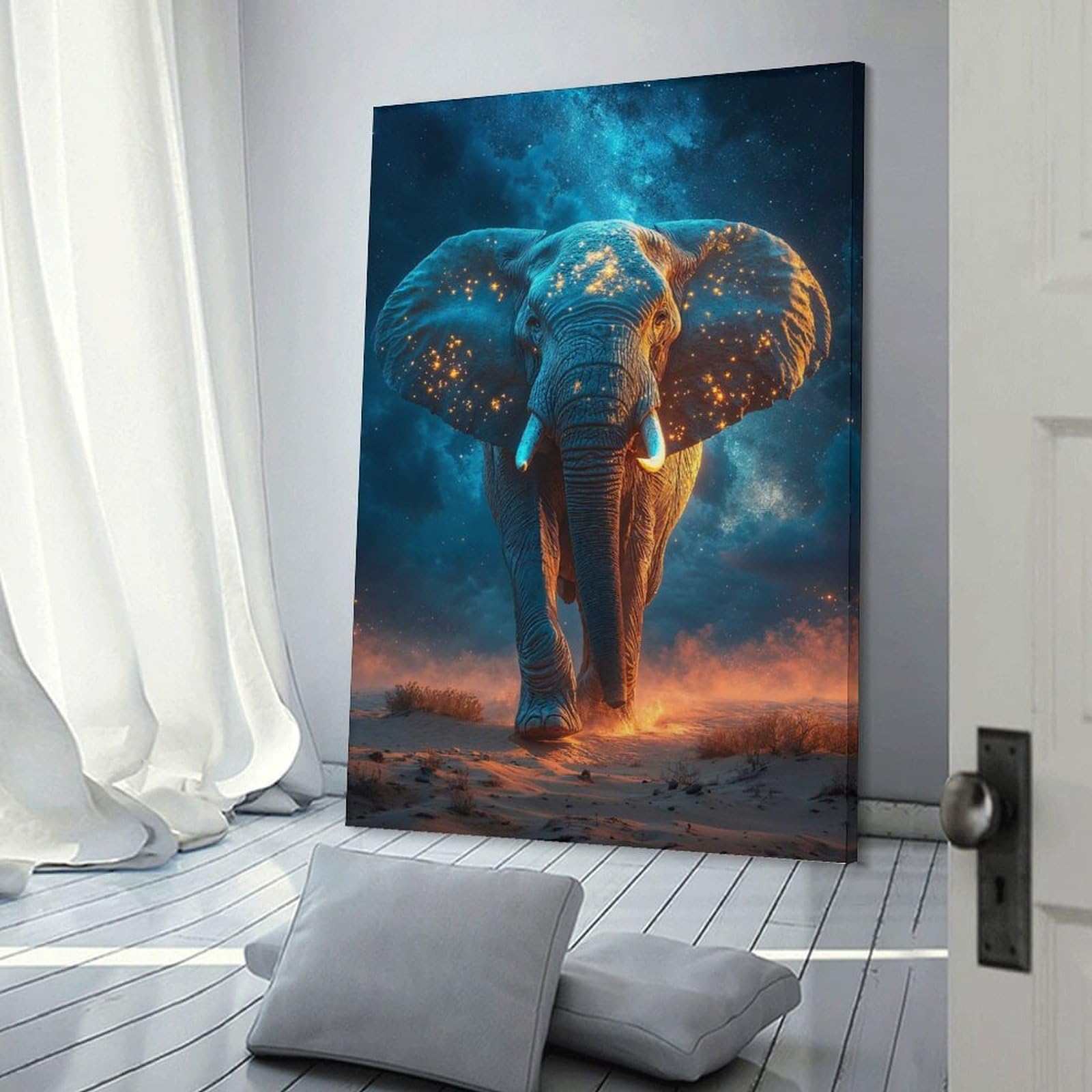 Junmoney Decorative Canvas Print Celestial Elephant in Desert Landscape, 16x24inch(40x60cm), for New Homes, Bedrooms Or Workspaces, Thoughtful Wall Decor for Art Lovers