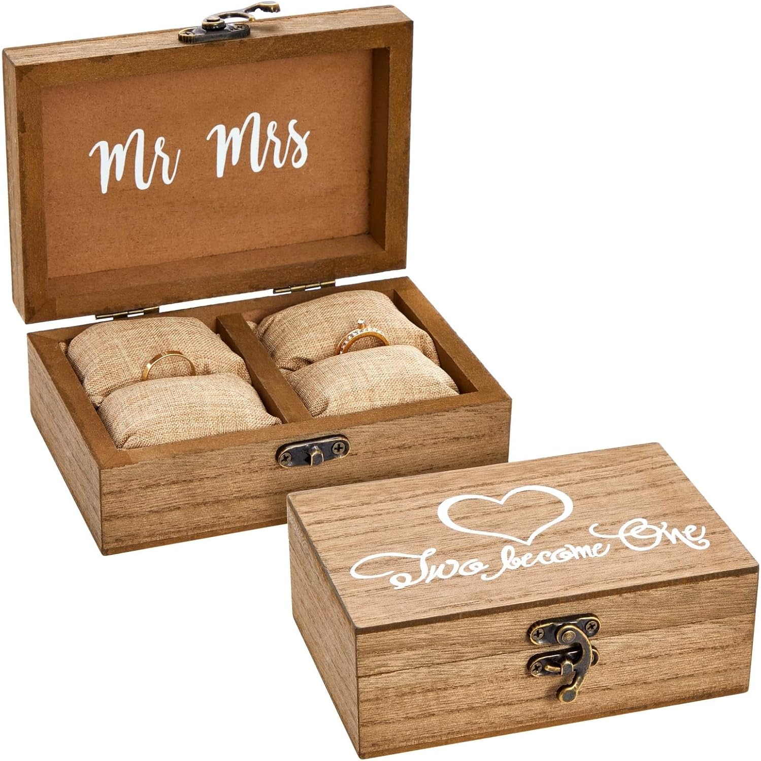 Juvale Wooden Two Become One Wedding Ring Box with Burlap Pillow Lining, Hinge Clasp Closure Wedding Ring Holder for Ceremony, Anniversaries, and Marriage Renewal (6x4x2 in)