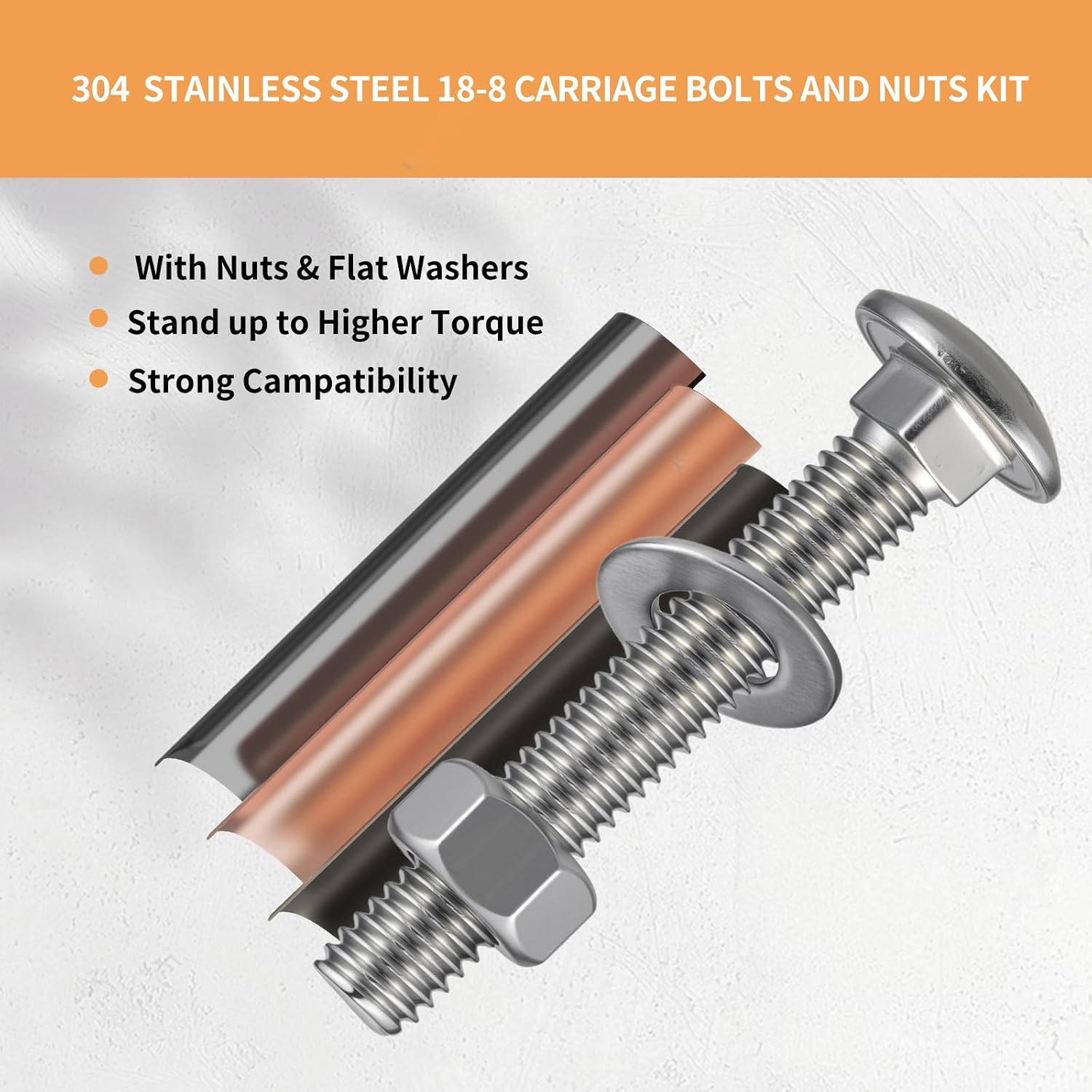 3/8-16 x 2-1/2" Carriage Bolts 304 Stainless Steel 18-8,Round Head Square Neck (7Sets) Bolts and Nuts Kit with Flat Washers