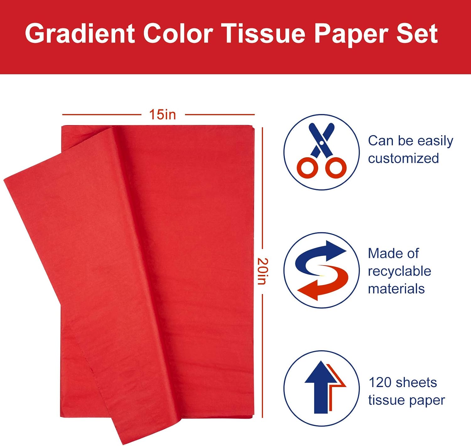 Whaline 120 Sheet 4th of July Patriotic Tissue Paper Crepe White Blue Red Gift Wrapping Papers American Flag Colors Art Paper for 250th Anniversary Independence Day Veterans Day Supplies, 15 x 20 Inch