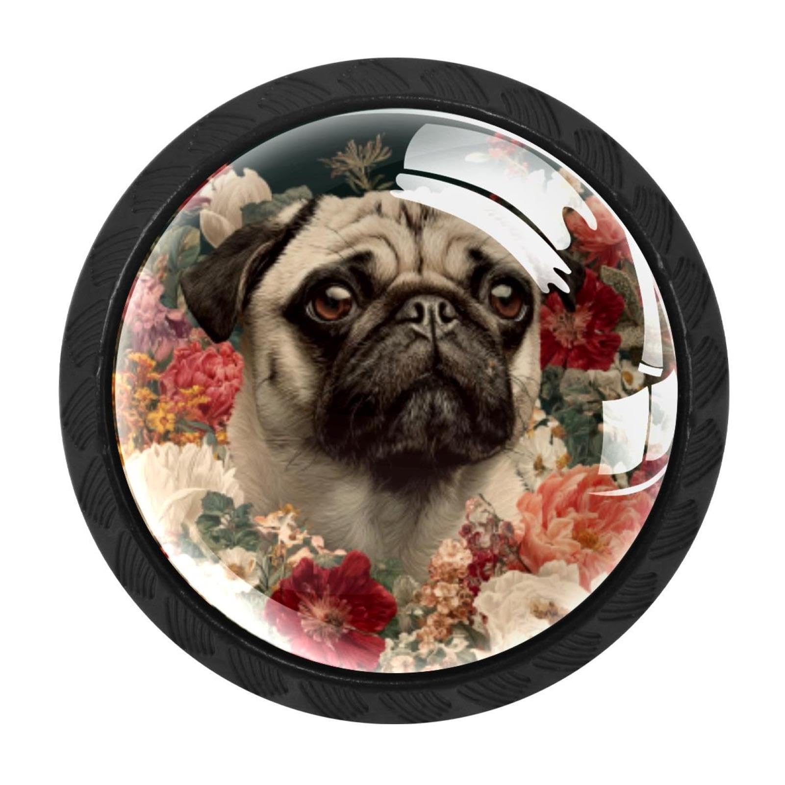 Chenzzzz Multicolored 18 4 Pack Pug And Florals (1) Dresser Drawer Cabinet Knobs Black Round Drawer Knob Pull Handle With Screws For Kitchen Wardrobe Cupboard Furniture Decor