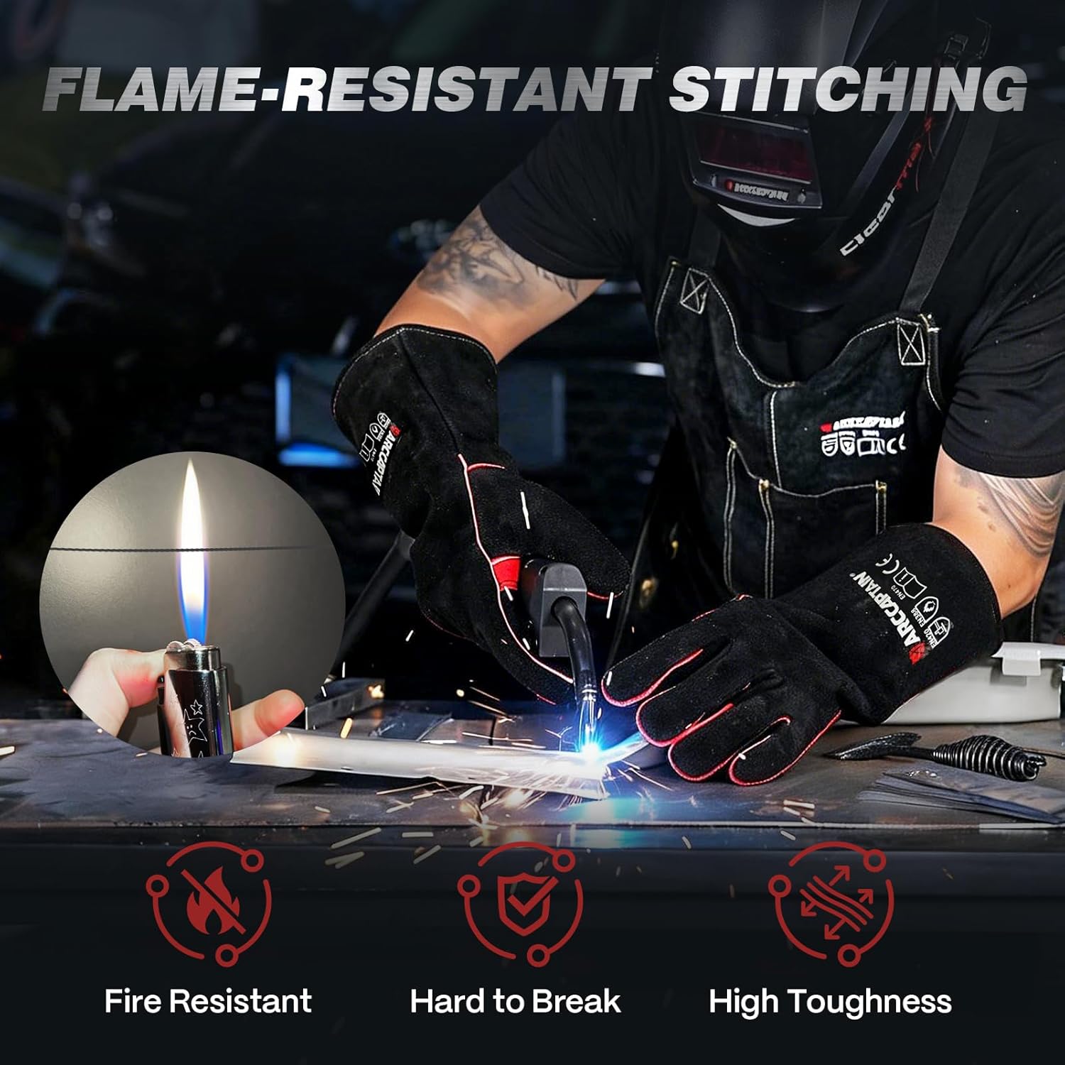 ARCCAPTAIN Leather Forge Welding Gloves, Heat/Fire Resistant 16 inches Gloves for Stick,Mig,Tig,Forge,BBQ,Grill,Fireplace,Wood Stove,Furnace,Oven,Pot