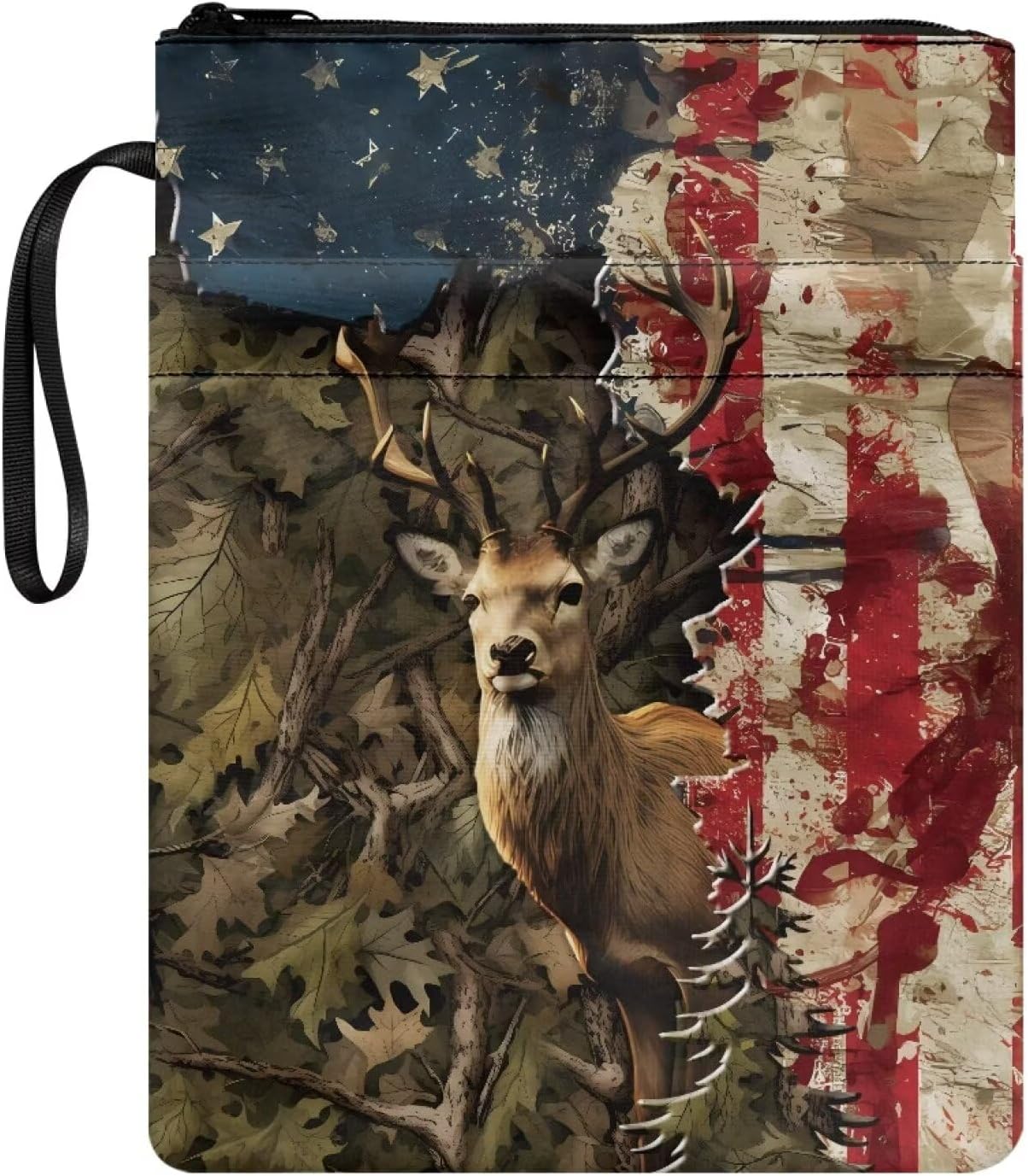 Talayituse Deer Camo American Flag Print Book Protector Pouch Sleeve with Zipper Washable Book Covers for Book Lovers Paperbacks Hardcover Notebook Bible Journal Textbooks