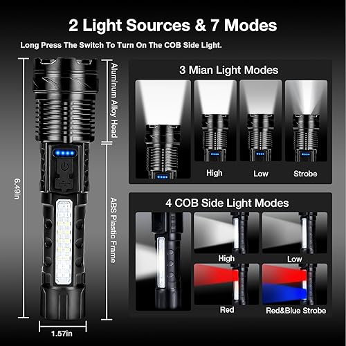 Miniatura 3 de Linternas recargables de alto lúmenes, 980.000 L linterna táctica LED súper brillante, potente luz de flash de mano con 7 modos, luz lateral, USB C,