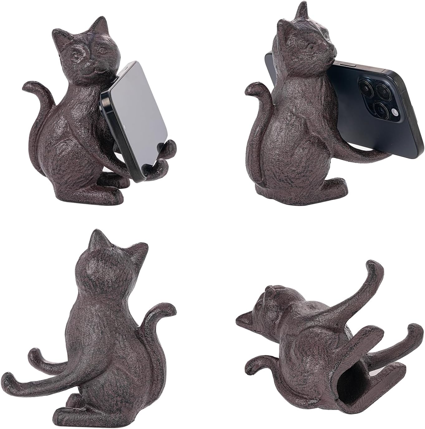 Sungmor Rustic Brown Cast Iron Cat Statue, Multi-use Sculpture, Phone Pen Card Holder, Bookend & Doorstop for Desk & Bookshelf Decor
