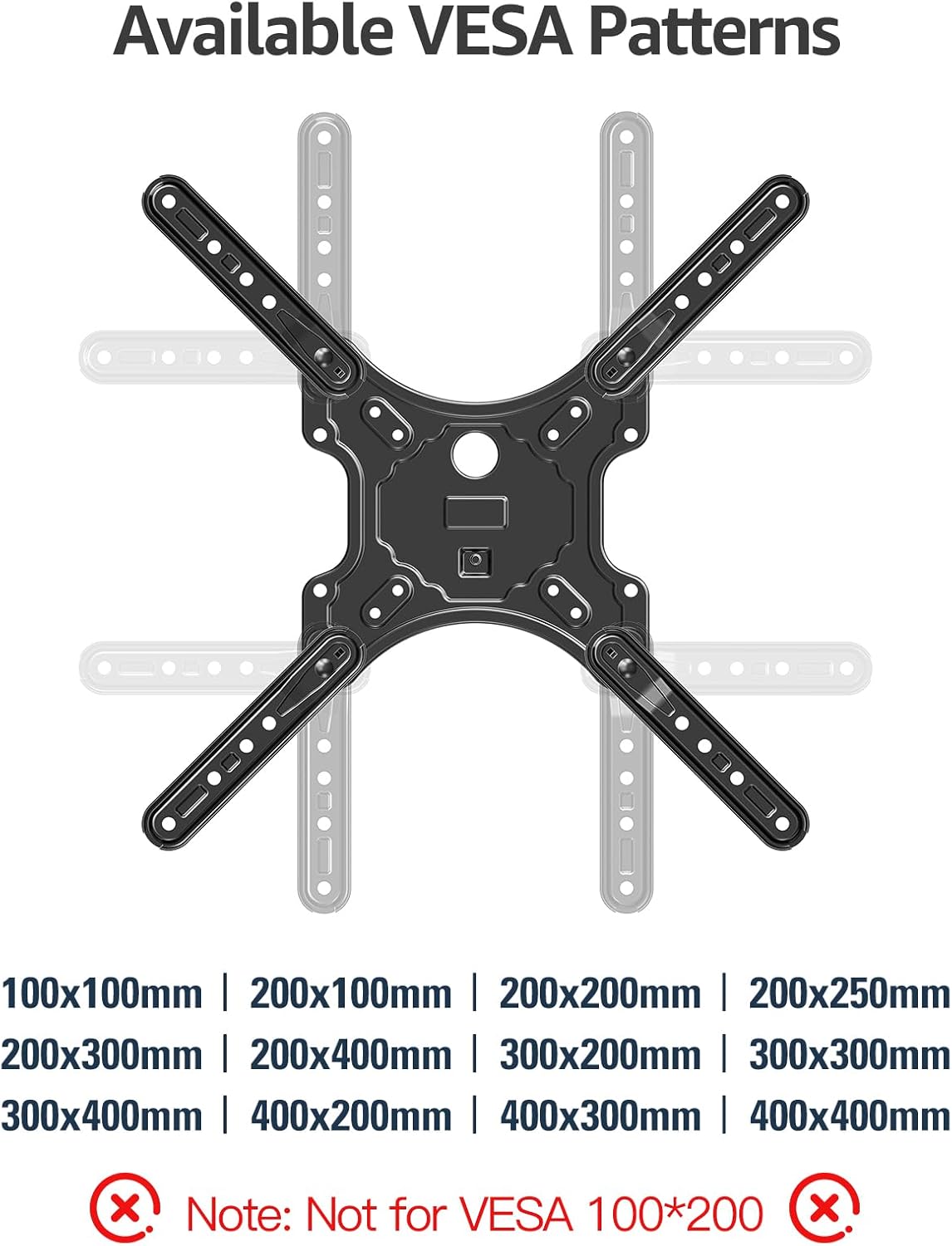 Diagram illustrating various VESA patterns supported by the MOUNTUP MU0009 TV mount.