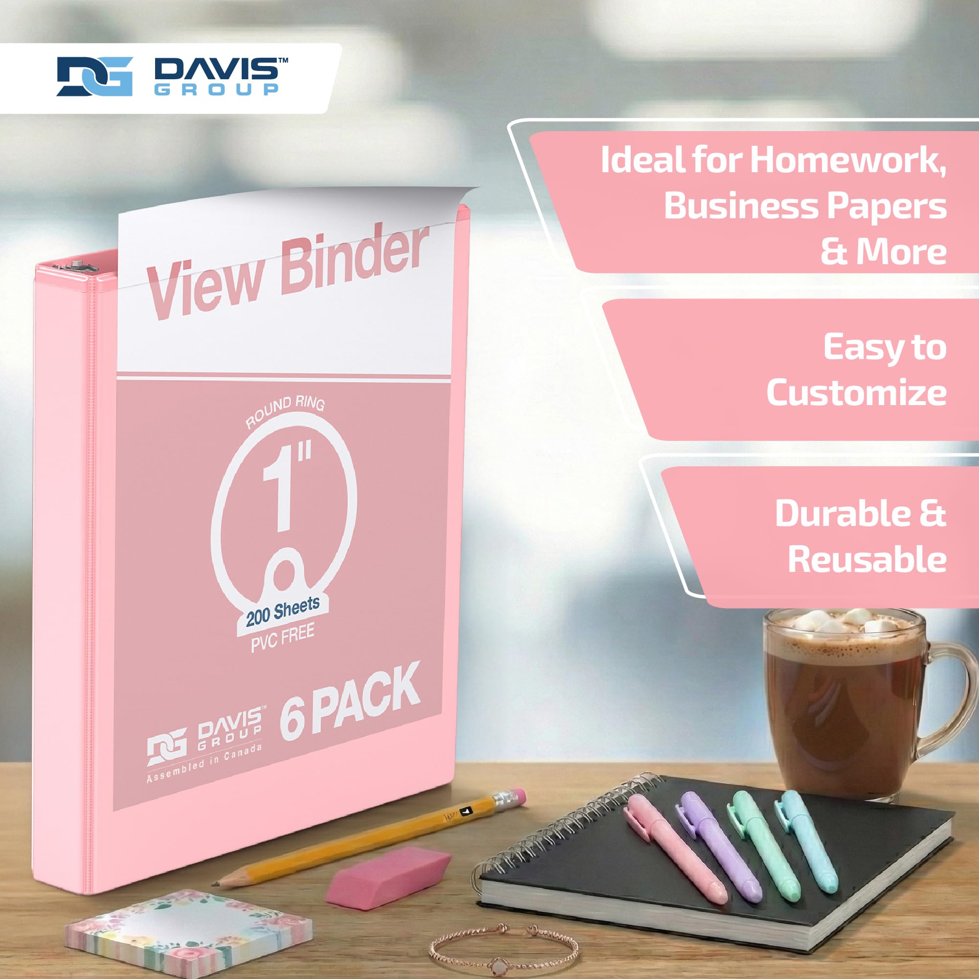 Lot de 6 classeurs de qualité supérieure, classeurs à anneaux avec couverture transparente et poches intérieures, options de couleur pastel, 2,5 cm, blush