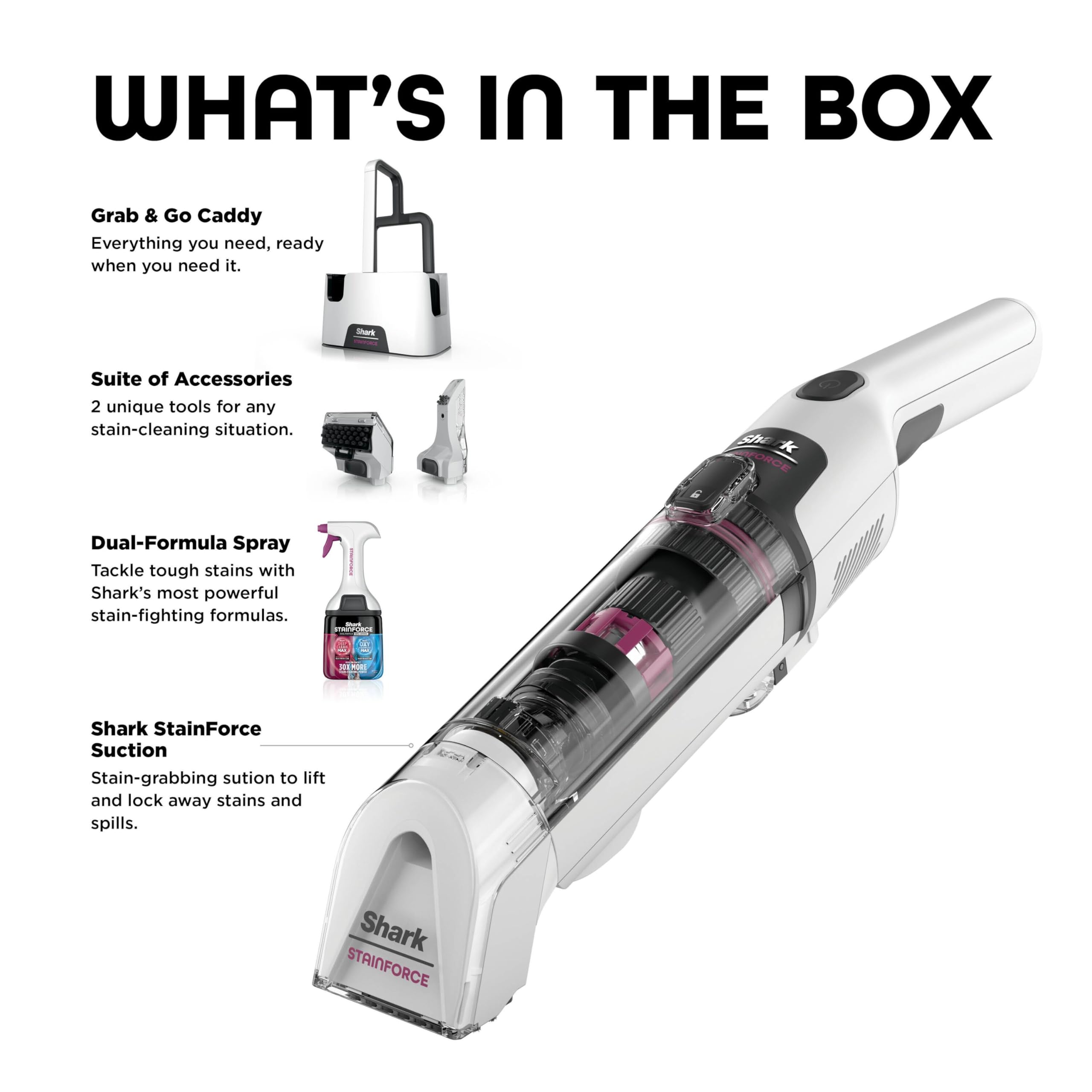 Shark StainForce Cordless Spot Cleaner Lightweight & Portable Spot, Stain, & Odour Eliminator for Carpets, Upholstery, Cars, with Storage Caddy, Accessories and 500ml Cleaning Solution, HX100UKT — view 10