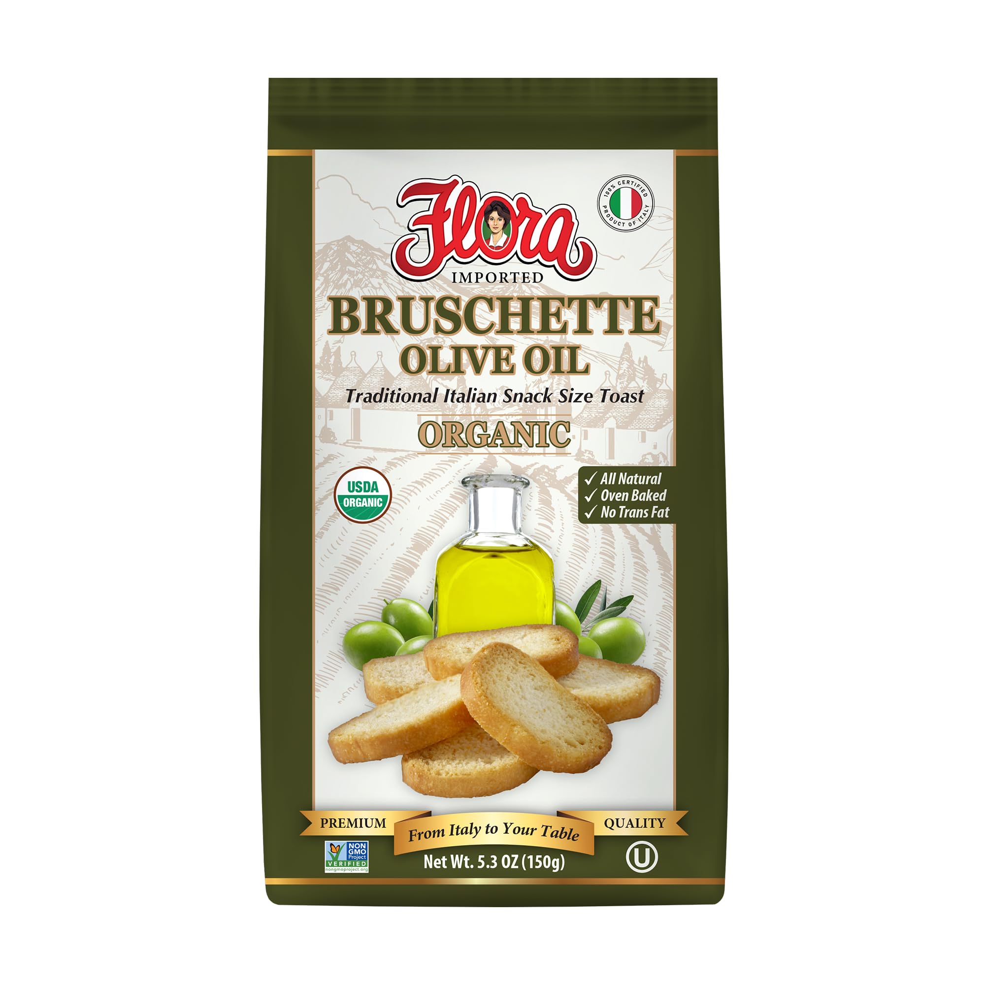 Flora Organic Bruschette Mini Toasts – Olive Oil – Italian Snack – USDA Organic – No Trans Fat – Oven Baked – 5.3 oz (150g)USDA Organic