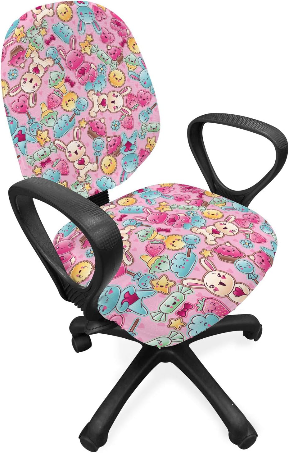 Ambesonne Baby Office Chair Slipcover, Kawaii Bunnies Ice Cream and Candies Doodle Style Cartoon Drawing Abstract, Protective Stretch Decorative Fabric Cover, Standard Size, Turquoise Mustard