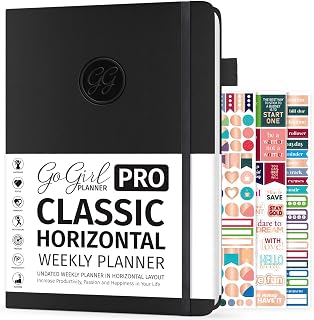 GoGirl Planner PRO - Undated Horizontal Layout Weekly Planner and Organizer + Budgeting and Expense Tracking Pages, Goals Journal & Agenda, 7" x 10" Hardcover, Lasts 1 Year - Black