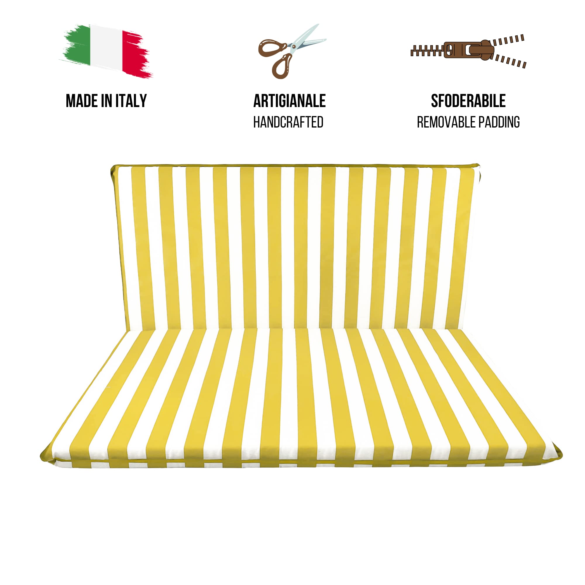 Il Tuo Artigiano Design Cuscino Fasciato per Dondolo 3 posti Imbottito - Made in Italy - Set Seduta e Schienale con Tettuccio (Cuscini 110x55 | Telo 144x124, Bianco e giallo)