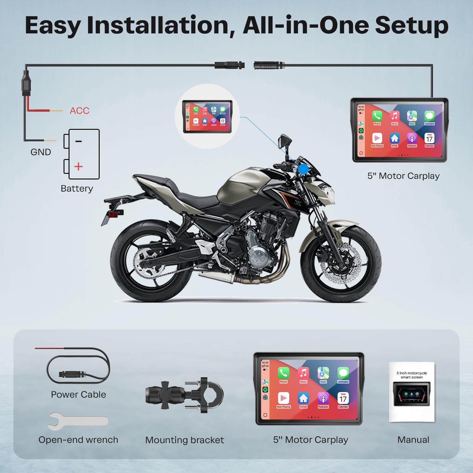 WonVon 5 Inch Motorcycle Carplay GPS Navigation System with Apple Carplay and Android Auto Portable Screen with Dual Bluetooth, Navigation, Siri, Google Assistant（Not Inchluded TPMS）