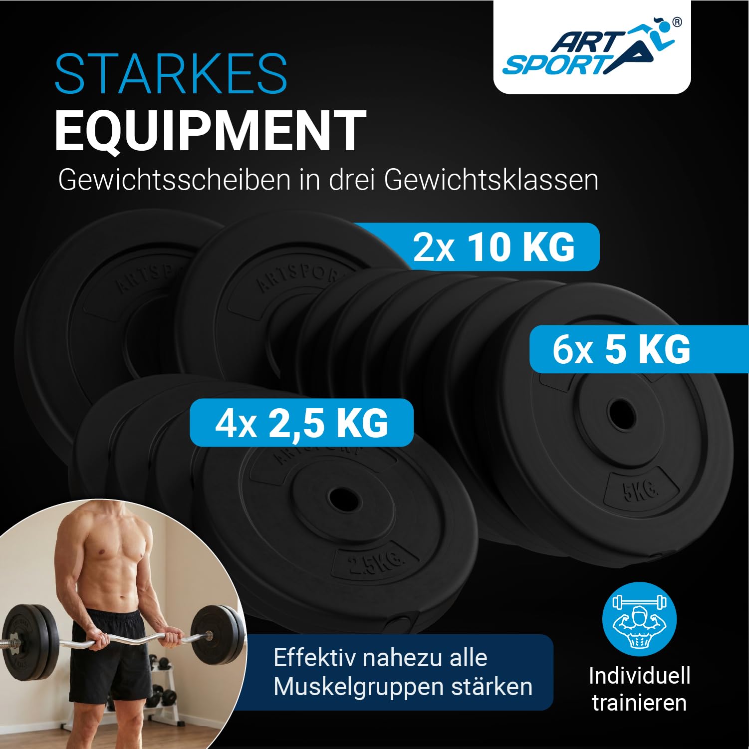ArtSport® 3in1 Hantelset mit 2 Kurzhanteln, 1 Langhantel & 1 SZ Curlhantel - 12 Gewichte mit 60kg und Sternverschlüssen - Hantel Set Krafttraining