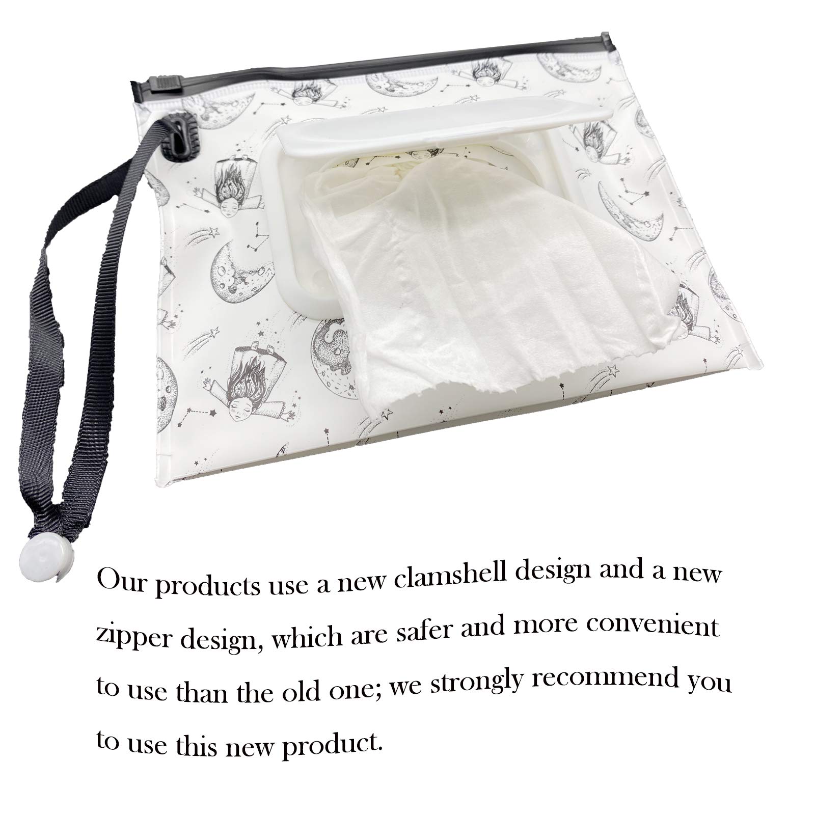 Contenitore portatile di piccole dimensioni (17,8 x 13,7 cm), dispenser di salviette riutilizzabili e ricaricabili, ecologico, pratico da viaggio (Moon Girl)