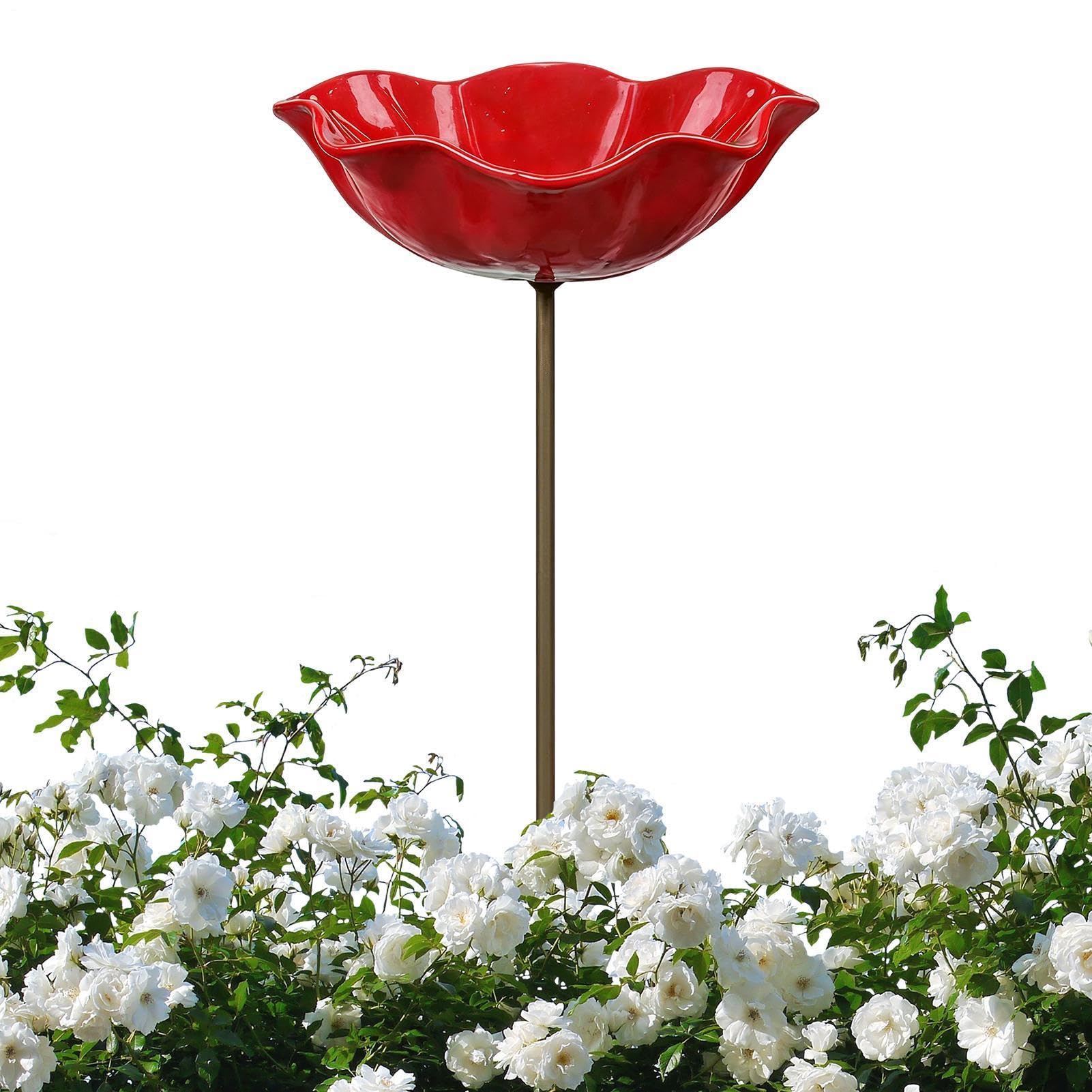 Handmade Metal Bee Watering Station | Bee Bird Bath | Red Flower Garden Stake Cups for Bees Feeder Bowl | Butterfly Pollinator Watering Station Bees Drinking Cups for Garden Decor