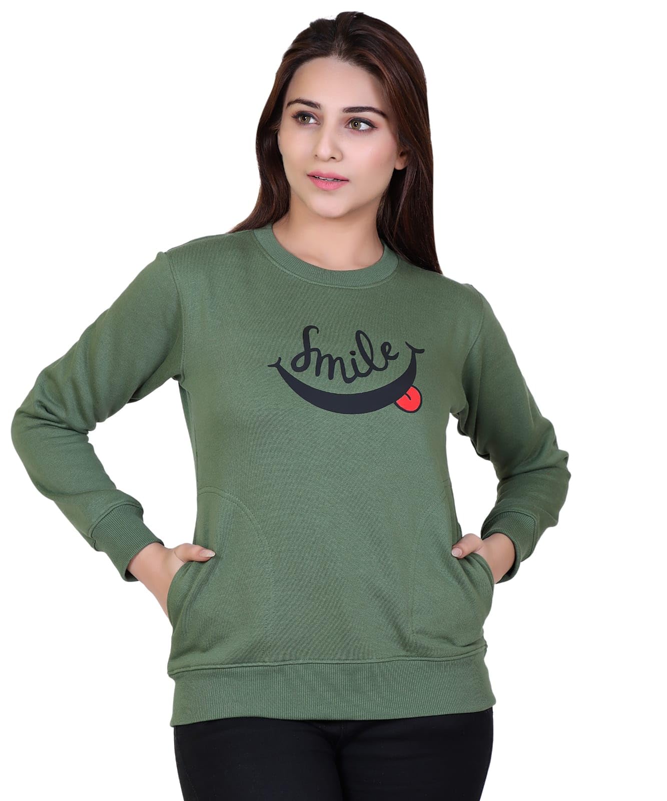 hold Smile Print Sweatshirt, Olive Green, Long Sleeve Crewneck, Casual Wear with Pockets-picture-12