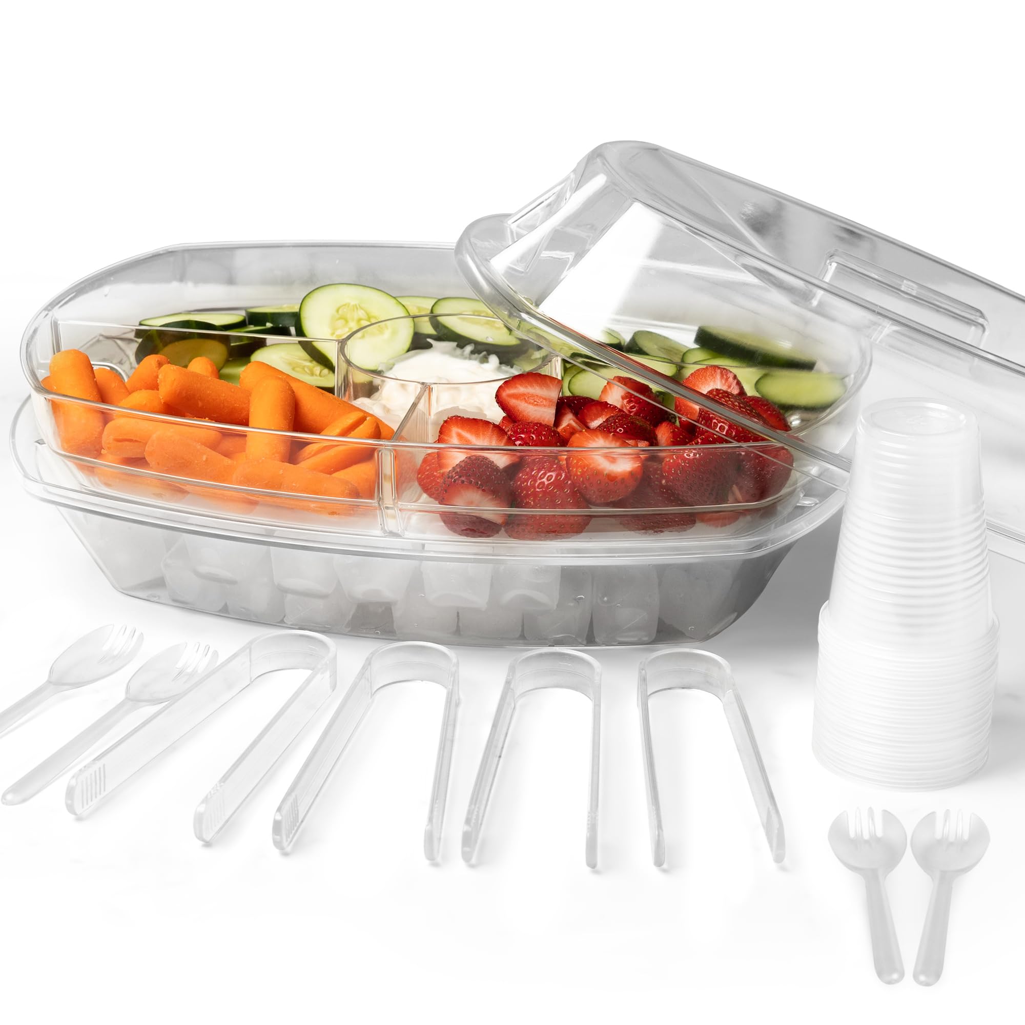 Fruit Tray for Serving Party Bundle - Divided Serving Tray with Lid - 15”Clear Appetizer Serving Tray with Ice Underneath - Condiment Tray with Ice Chamber - ALL-IN-ONE PARTY- BONUS FREE BAG