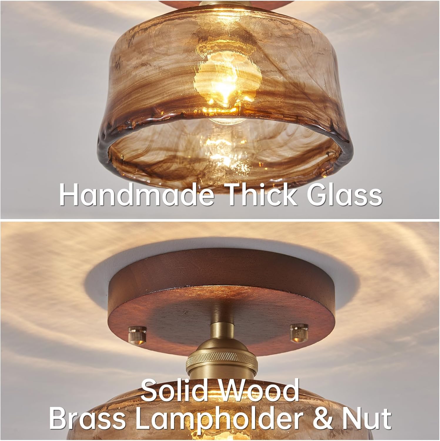 6.7'' Semi Flush Mount Ceiling Light,Mid-Century Modern Ceiling Light Fixture,Brown Glass Lampshade Vintage Hallway Lights Fixtures,Wood Base Flush Mount Ceilings Lights for Bedroom【No Bulb Included】