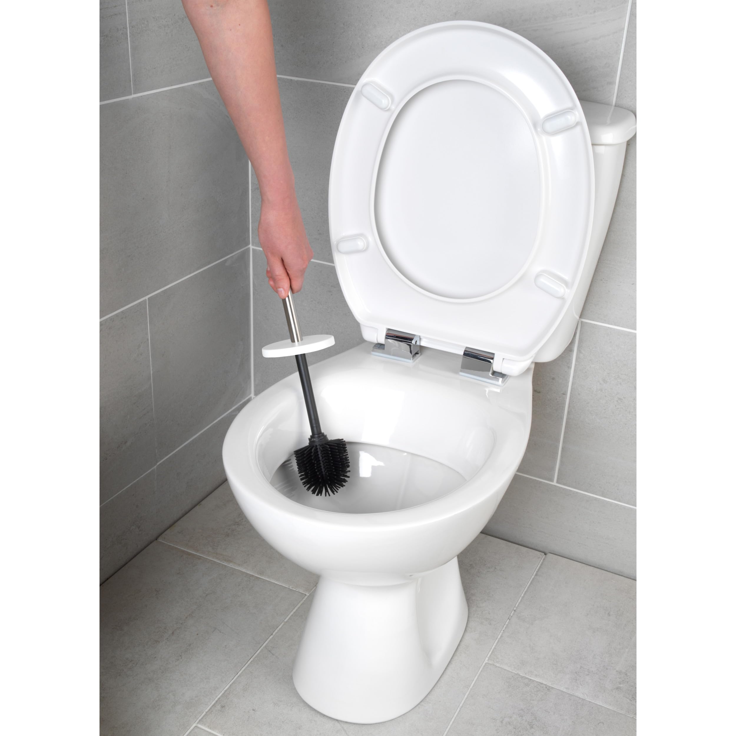 Beldray Scopino e portascopino per WC, trattamento antibatterico, setole in silicone antigraffio, a prova di spruzzi, design discreto, manico lungo, testina igienica facile da pulire, resistente alle
