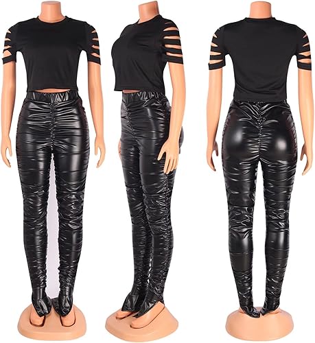 Miniatura 5 de Mintsnow Pantalones de cuero para mujer, elásticos, de cintura alta, fruncidos, mallas con abertura