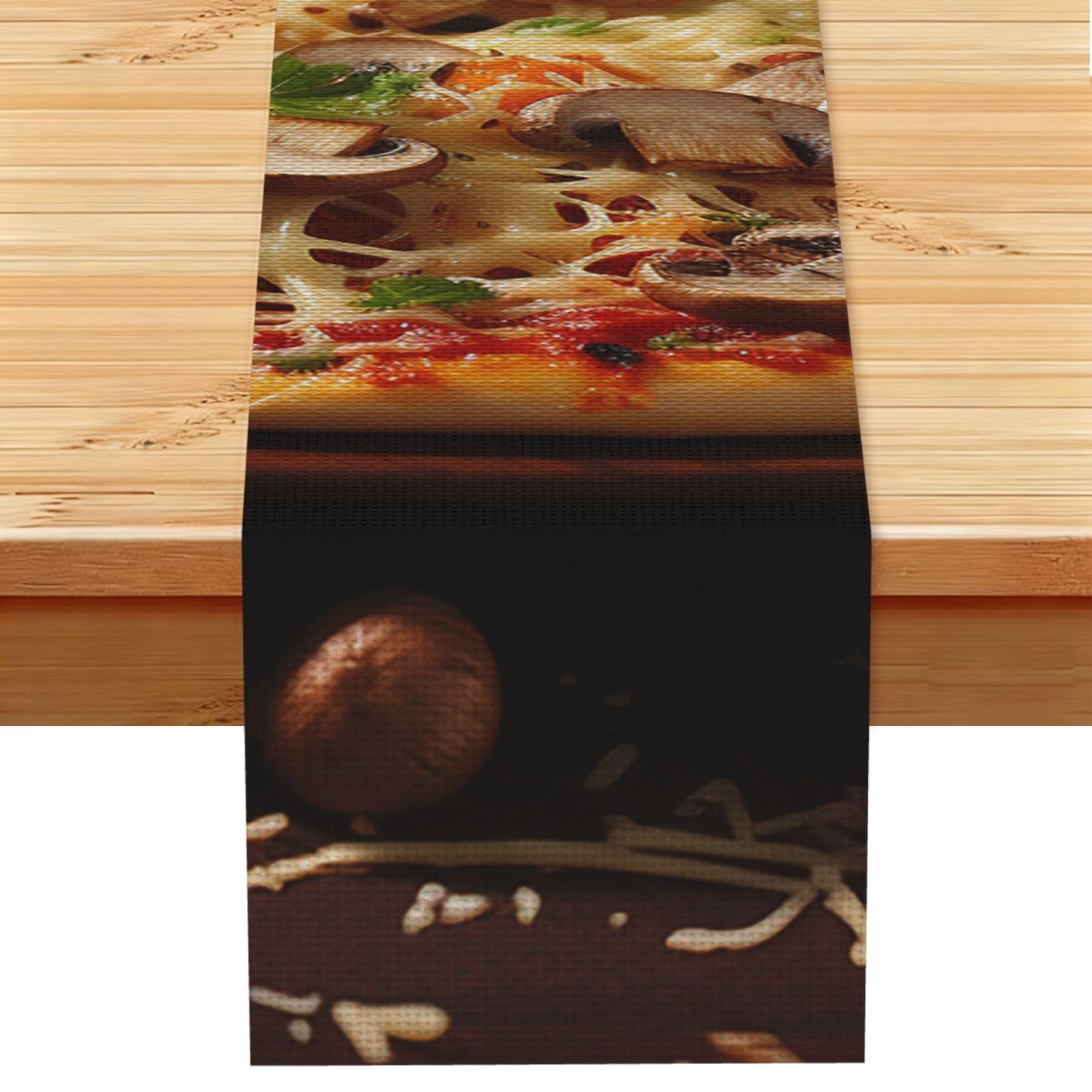 Pizza with Mushrooms and Tomatoes on Top Table Runner 13x72 Inch Cotton Linen Table Linen Washable Farmhouse Tablecloth Modern Abstract Art Kitchen Dinning Table Decoration for Home Party Decor