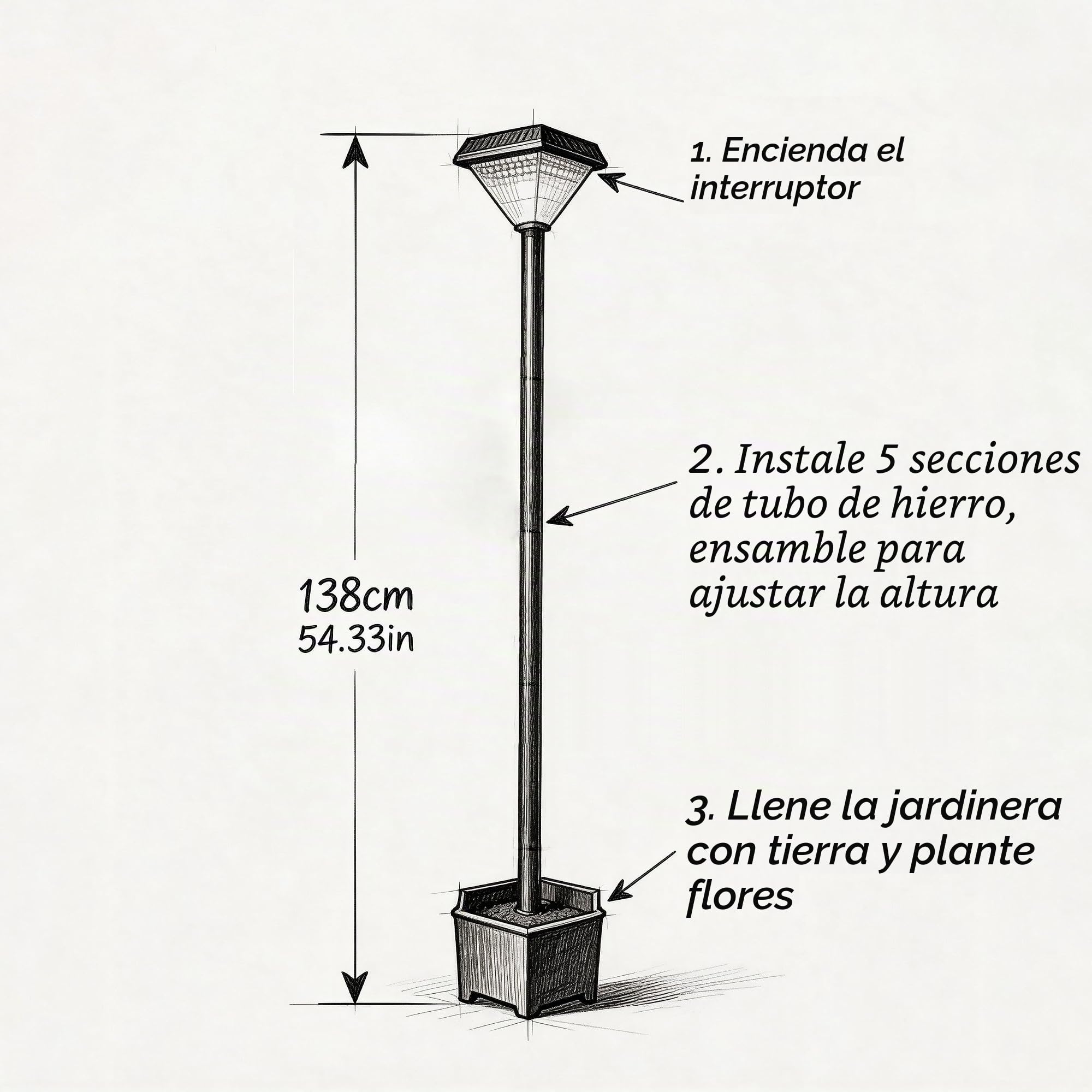Farol Solar Exterior con Maceta 138 cm, Luces Solares Jardín