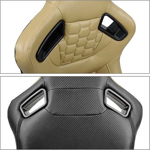 Miniatura 9 de IKON MOTORSPORTS, Asientos universales de carreras con deslizadores dobles, cuero de poliuretano beige reclinable + cuero de carbono con acolchado