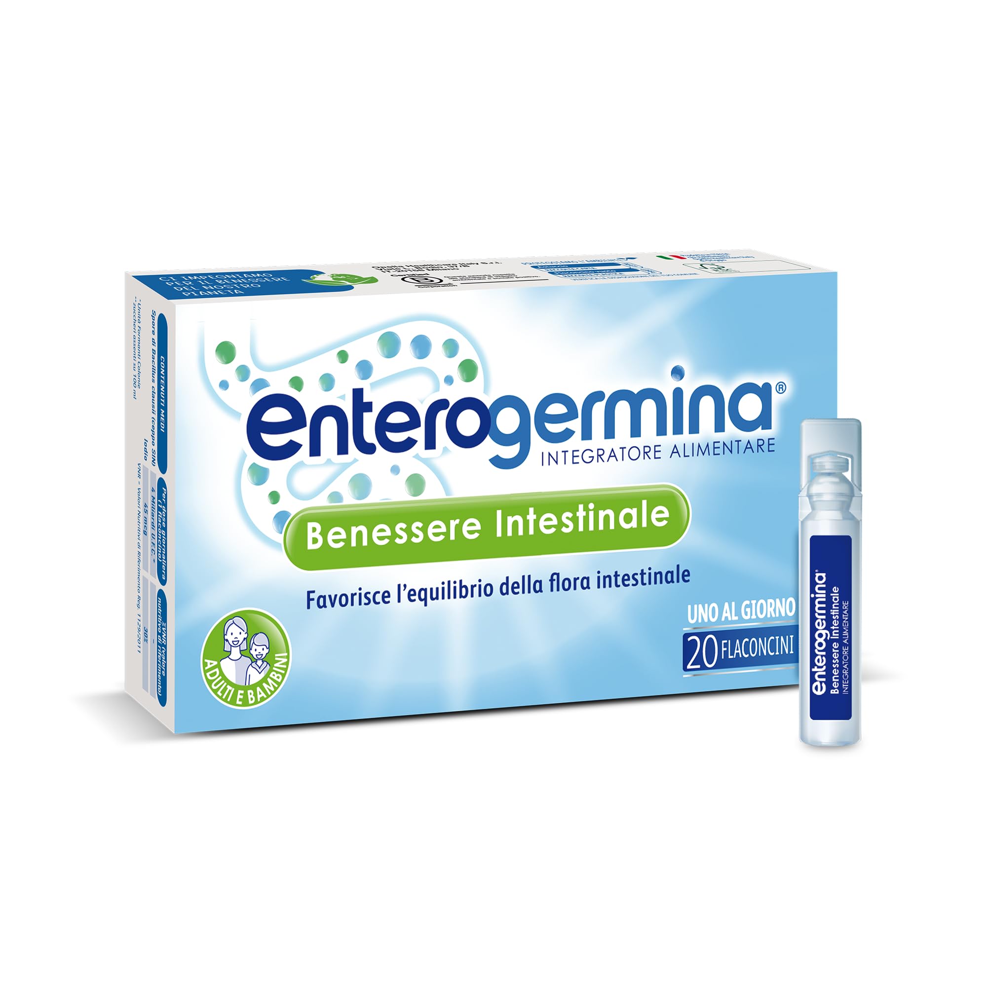 Enterogermina Benessere Intestinale, Fermenti Lattici Probiotici, Integratori Adulti e Bambini 3+ Favorisce l’Equilibrio della Flora Batterica Intestinale, Senza Glutine (20 Flaconcini/5 ml)