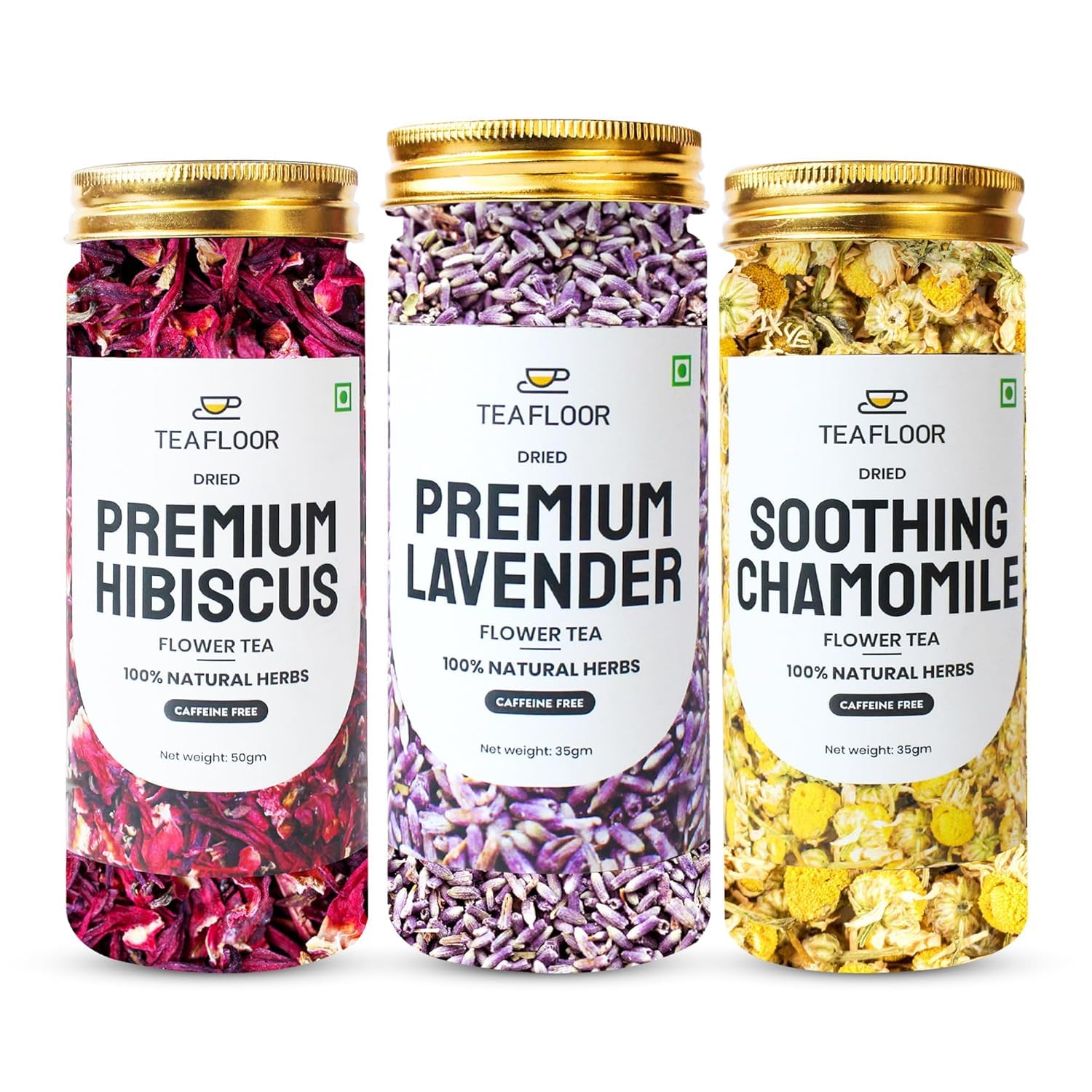 TEAFLOOR 3 In 1 Combo |150+ Cups - 115G|Premium Hibiscus 50G, Premium Lavender 35G,Soothing Chamomile 35G| Good For Hair & Skin |Caffeine Free,Combo Pack, VarietyTea|Pet Jar|,Loose Leaves