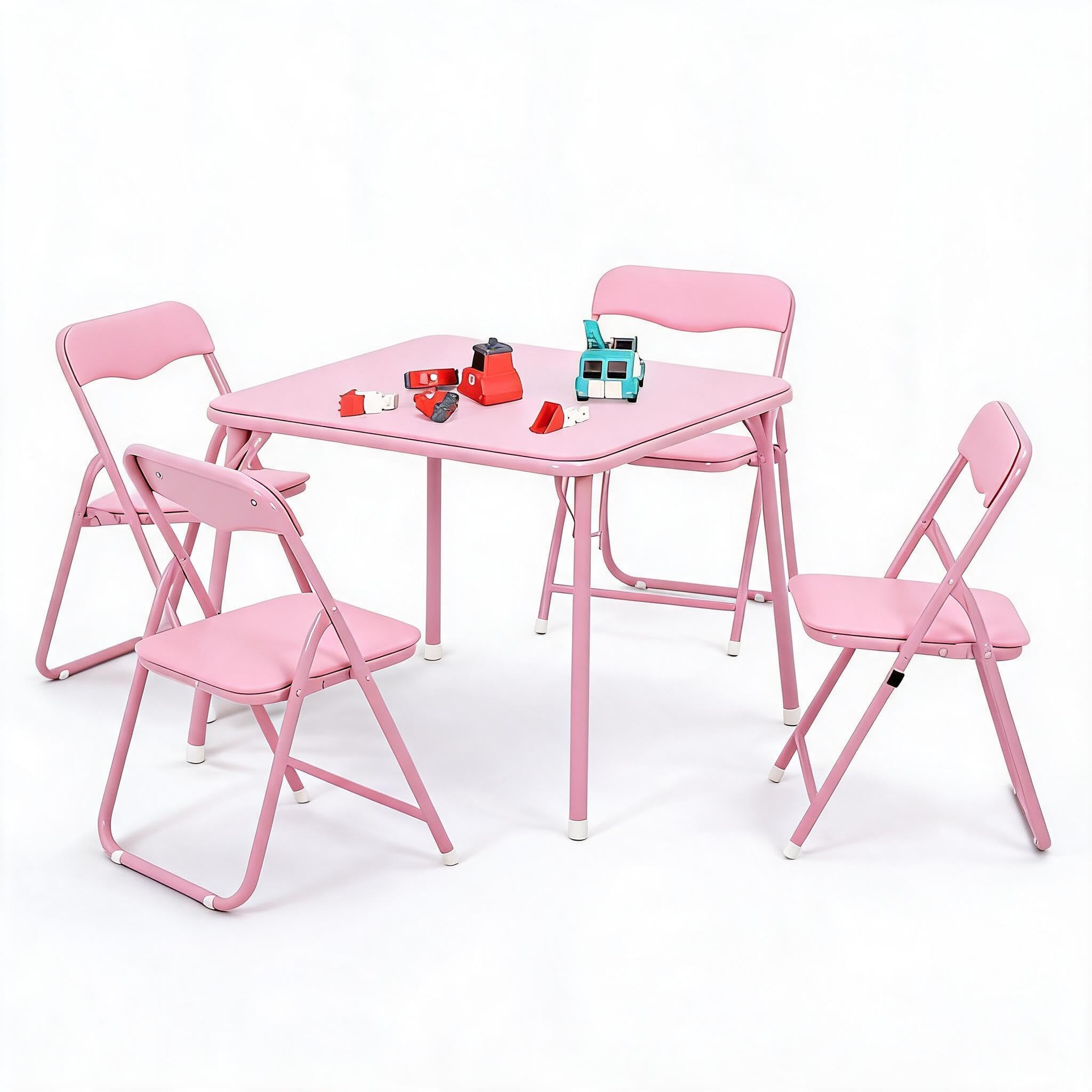 GarveeHome Conjunto Infantil Mesa y 4 Sillas Plegables - Asientos PU | Estructura metal resistente y asientos PU. Para jugar, estudiar y comer. Diseño plegable ahorra espacio.