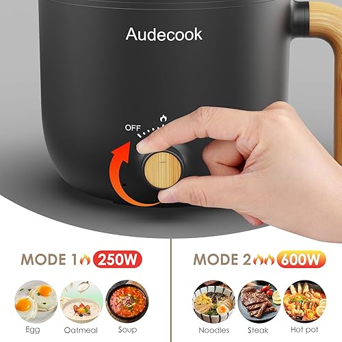Miniatura 5 de Audecook Olla eléctrica con vaporizador de 1.5 L, portátil antiadherente para fideos rápidos, sartén eléctrica de viaje con control de potencia dual