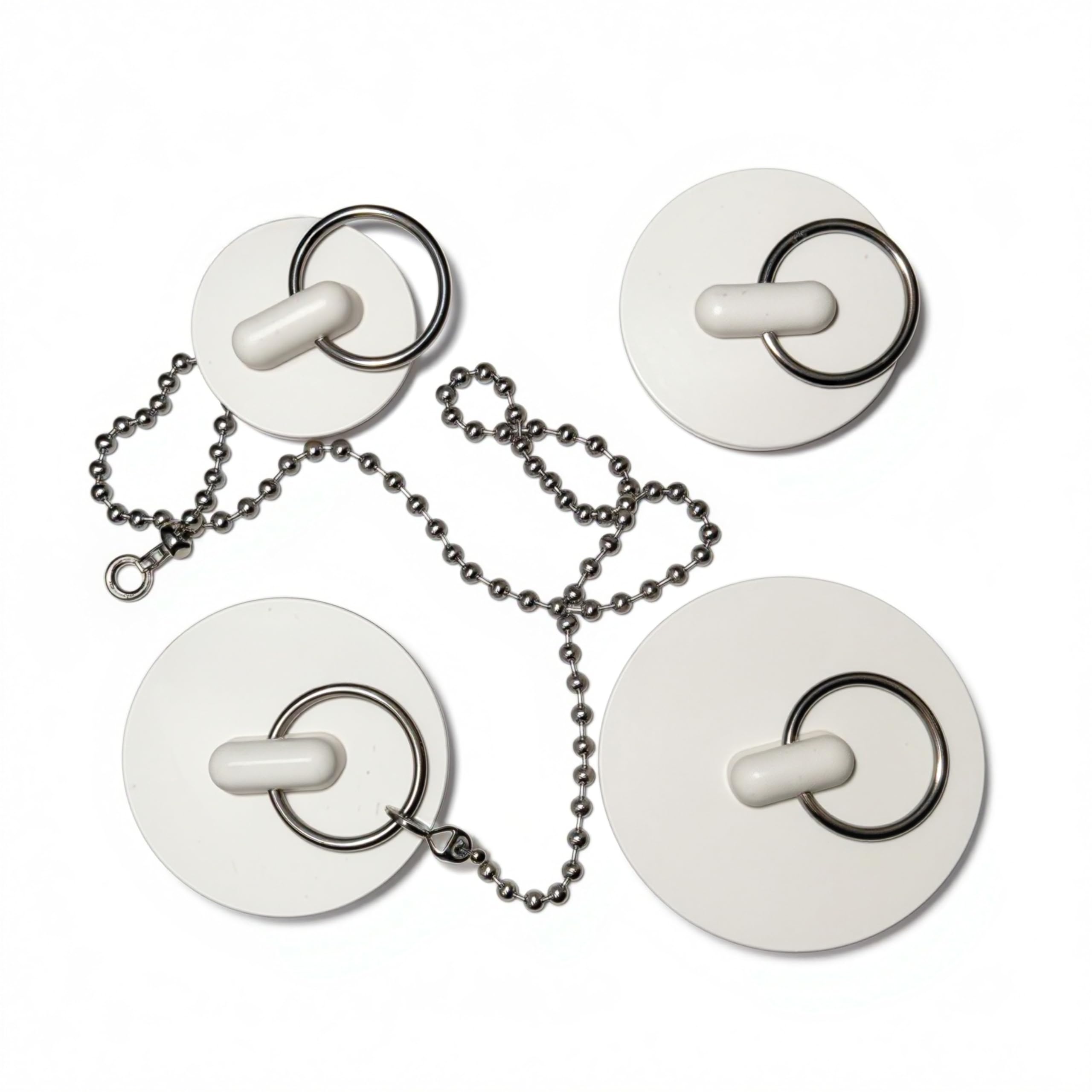 4 Pack Rubber Drain Stoppers with 1 Chain – Assorted Sizes Sink and Bathtub Drain Plug Set with Pull Ring – Leak-Resistant Water Stopper for Kitchen, Bathroom, Laundry, and Utility Sinks