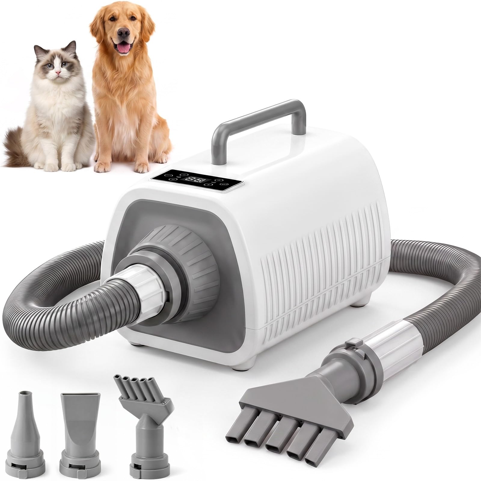 Sèche-cheveux pour chien avec écran tactile LED | Vitesse du vent et températures réglables, 3 buses différentes