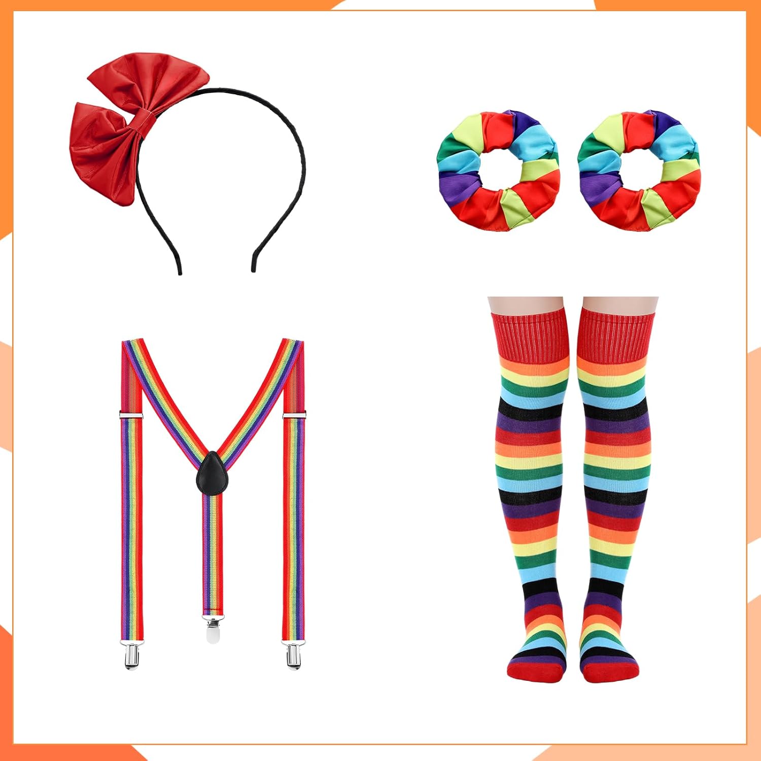 Ramede 7 Pcs Clown Costume Set for Women Circus Outfit Rainbow Tutu Skirt Clown Striped Sock Y Back Adjustable Suspender Hair Scrunchies Bow Tie Headband for Women Halloween Carnival Cosplay - Image 6