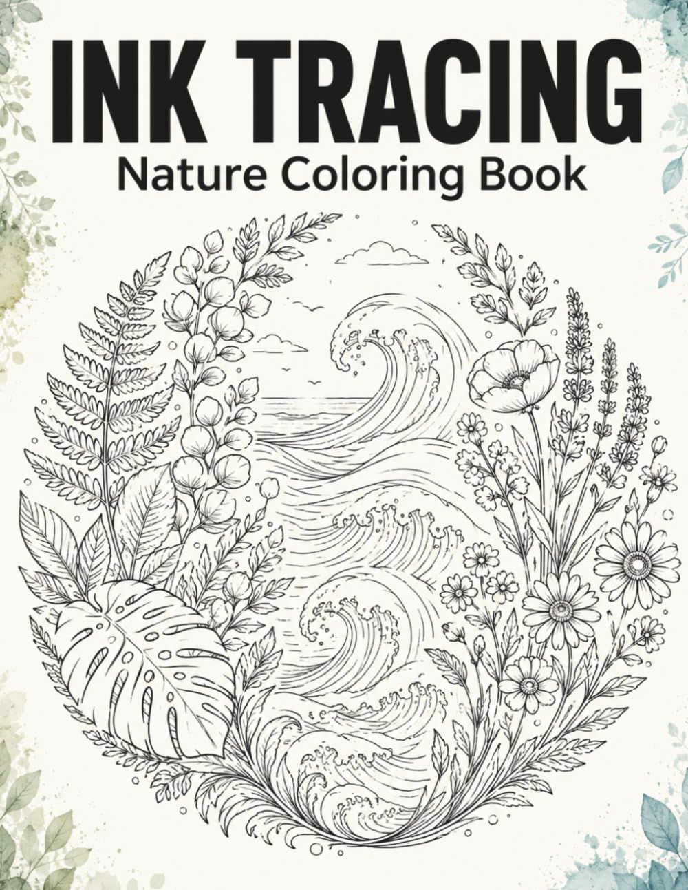 Ink Tracing Nature Coloring Book: Calming Leaves, Waves and Wildflowers Trace Patterns for Beginners and Adults