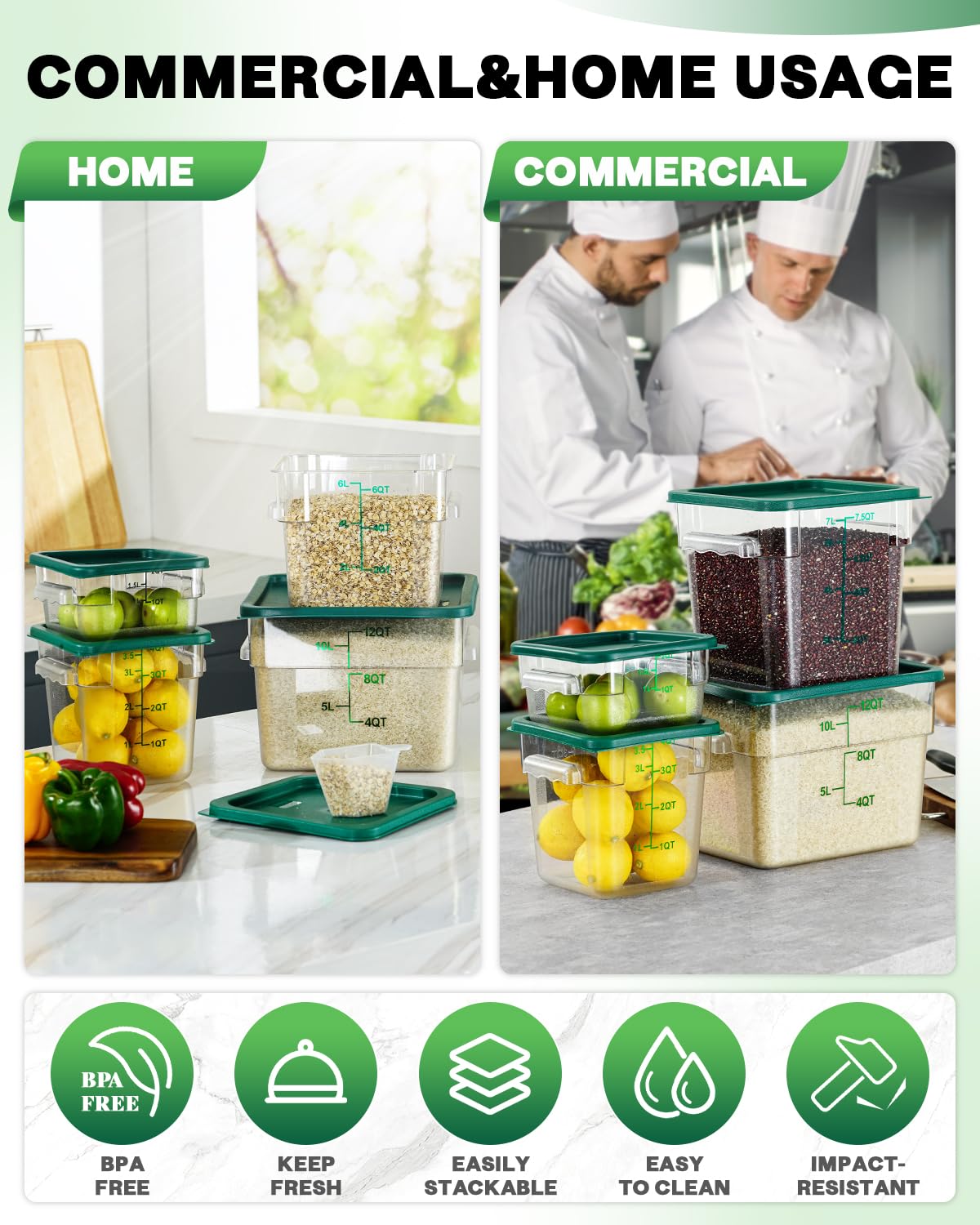 4QT NSF - Contenitori per alimenti, 8 pezzi, per uso alimentare, resistenti al caldo e al freddo, trasparenti, con coperchio, per impasti da cucina e ristoranti, cucchiai dosatori inclusi (verde)