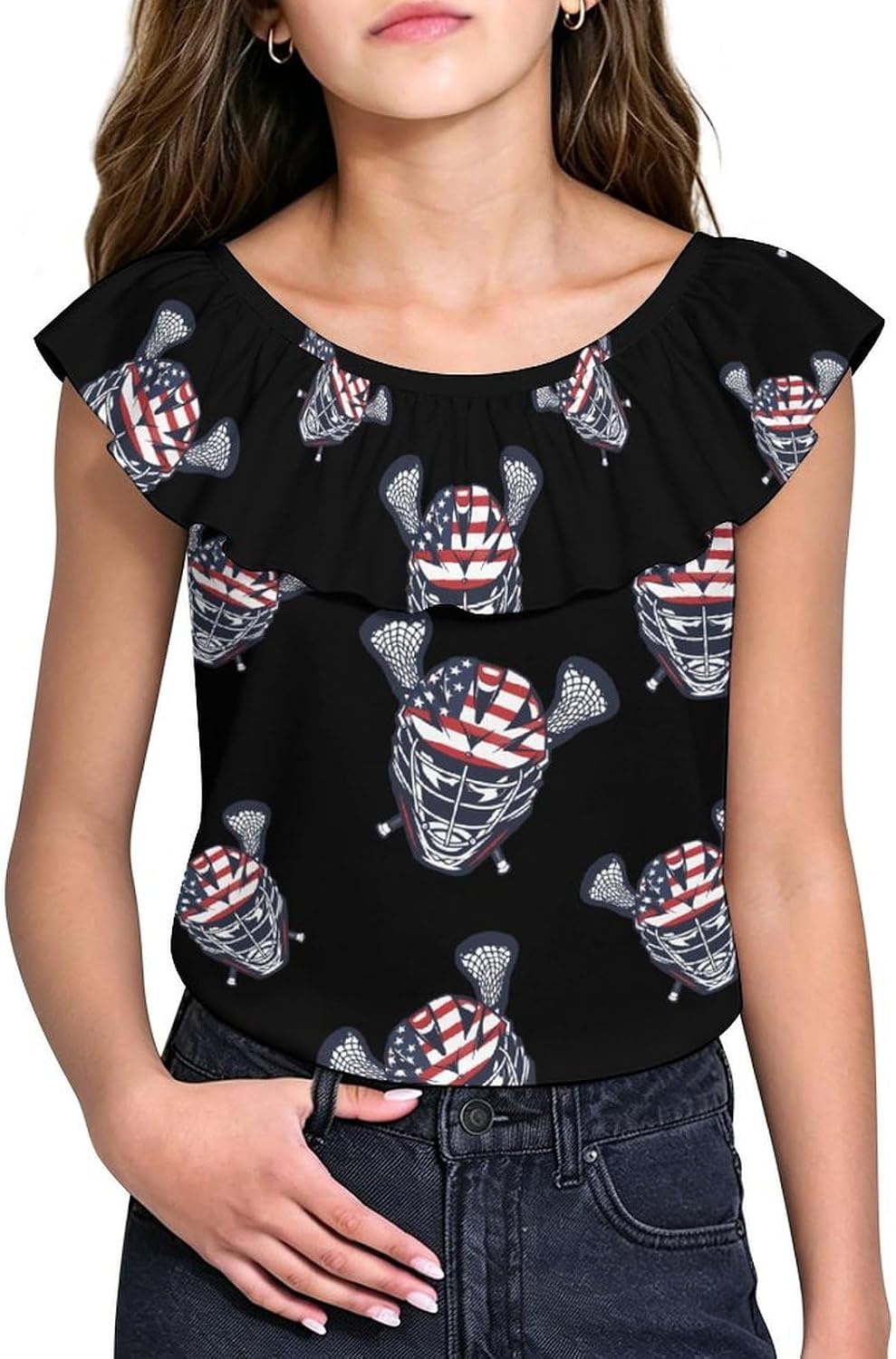 Lacrosse Helmet U Girls T-Shirts Top Ruffle Short Sleeve Blouse Casual Graphic Tees