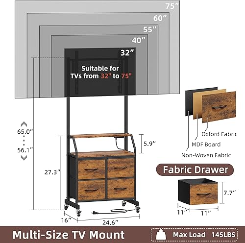 Miniatura 2 de Soporte de TV rodante con soporte y 4 cajones de tela, soporte de TV con ruedas para TV de 32 a 75 pulgadas, centro de entretenimiento y mesa