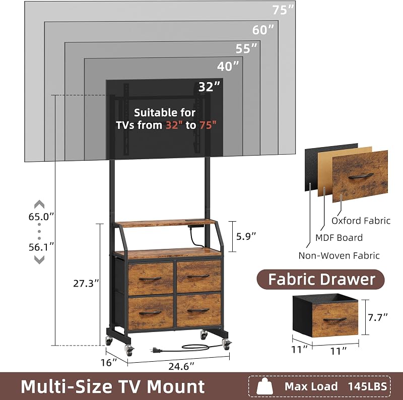 GYIIYUO Rolling TV Stand with Mount & 4 Fabric Drawers for 32-75 inch TVs image 2