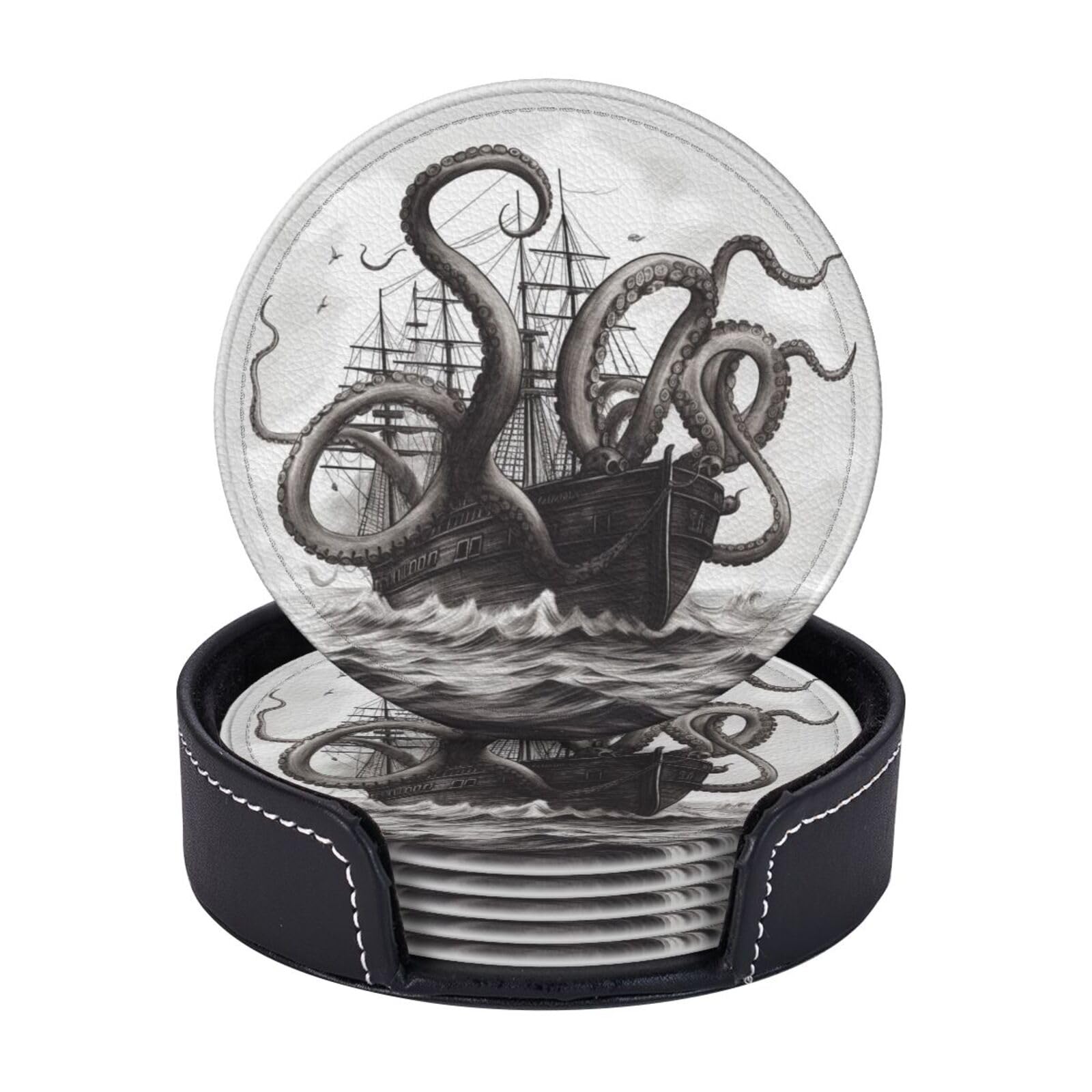 Round Coasters for Drinks Set of 6 - PU Leather Coasters with Holder - Modern Drink Coasters for Coffee Table - Black and White Octopus and Ship Coaster for Tabletop Protection 4" Cup Mat Pad