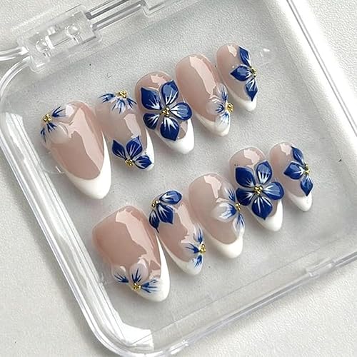 24Pcs White French Tip Press on Nails Medium Almond Fake