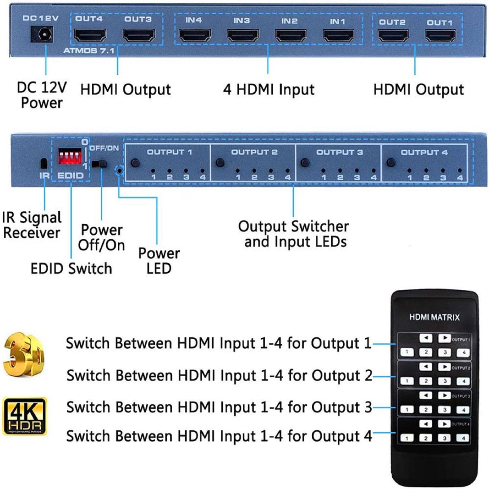Rozdzielacz matrycowy HDMI 4 x 4, rozdzielacz HDMI 4 w 4 wyjściach, rozdzielacz audio, wideo, obsługa HDR UHD HDMI 2.0, obsługa HDCP 2.2 ARC 3D 4K przy 60 Hz