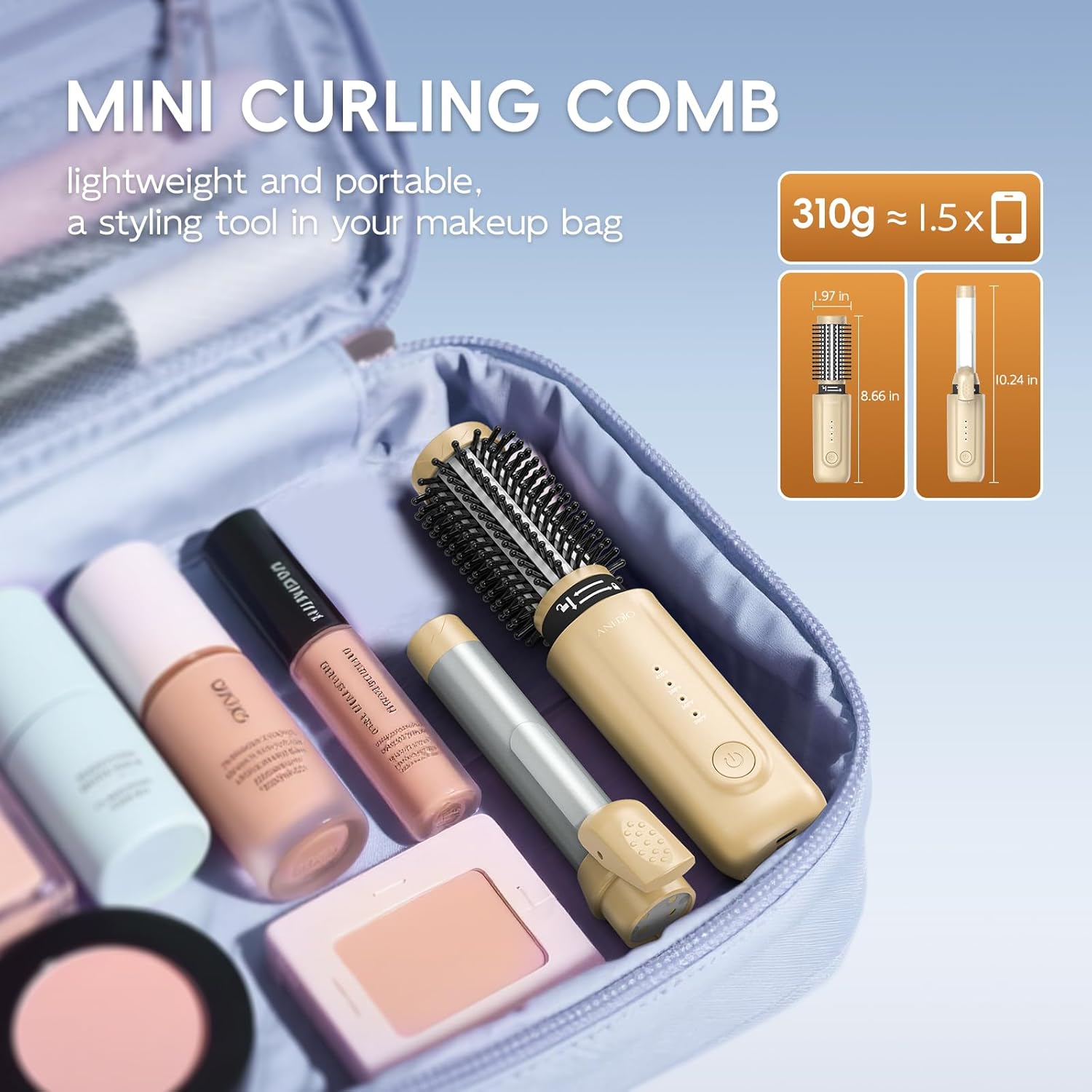 Cordless Curling Iron Brush, 2 in 1 Mini Travel Hot Straightener Comb with 200 Million Negative Ions, Dual Voltage & Lightweight for Travel, Anti-Tangle, 4 Temps, Gold (Gold) - Image 2