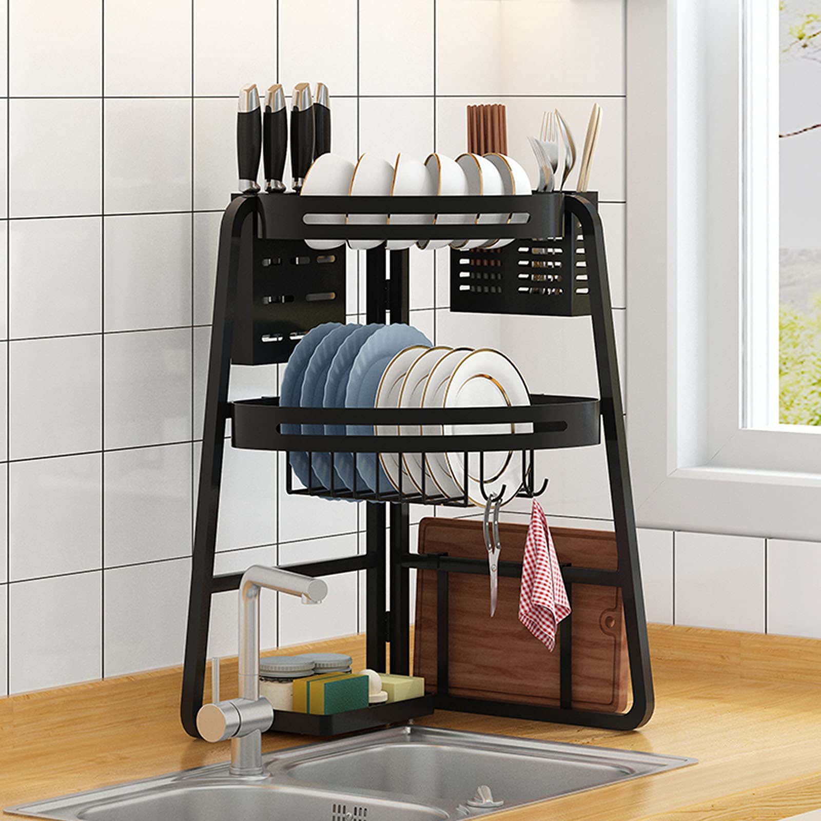 Rejilla para Platos Plegable, Rejilla para Fregadero de Cocina, Rejilla para Filtro de vajilla, Rejilla para escurrir, Rejilla para almacenar Platos, Color Negro, 53 x 32,2 x 32,2